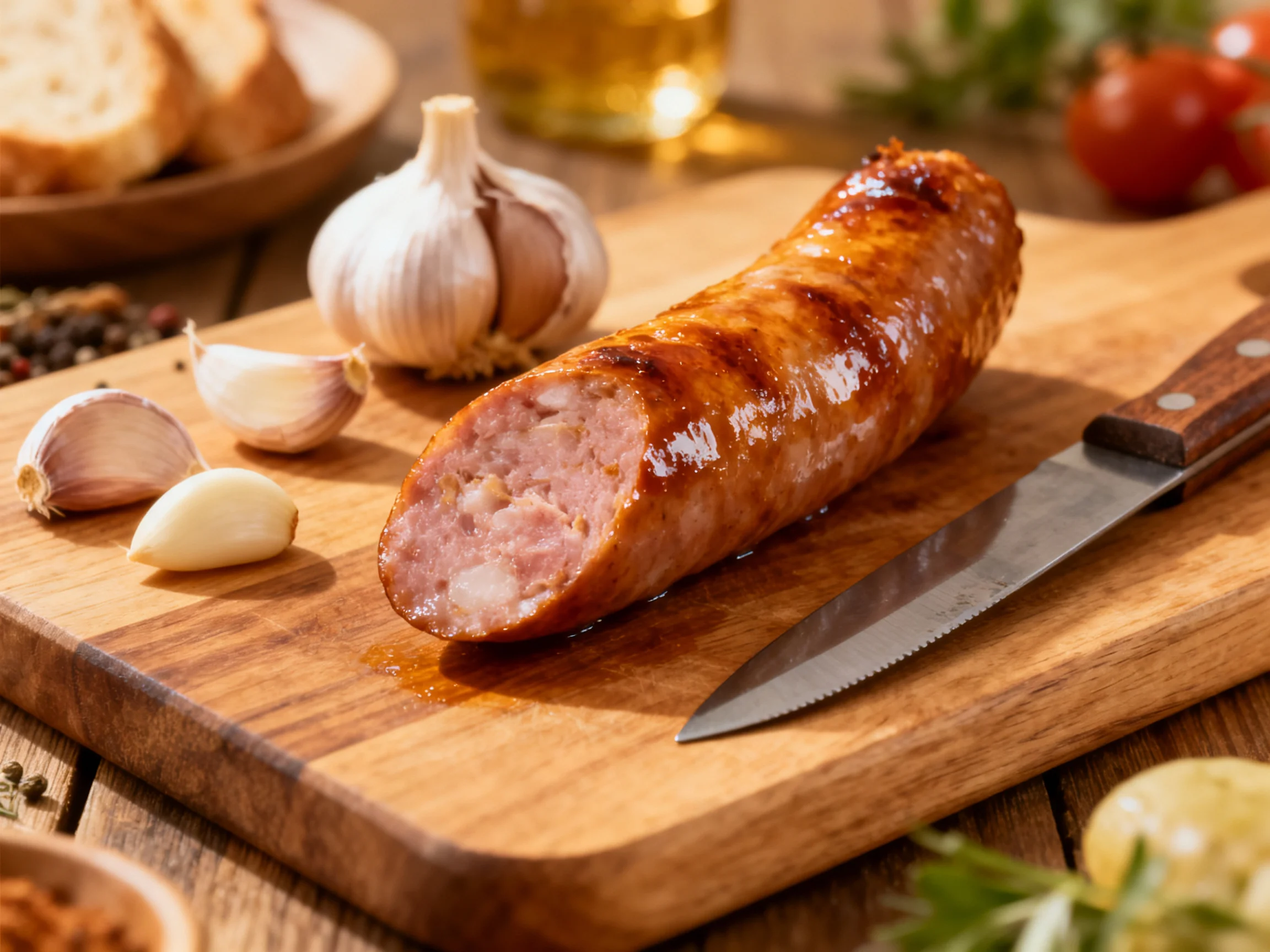 Grilled sausage on wooden cutting board with garlic and bread