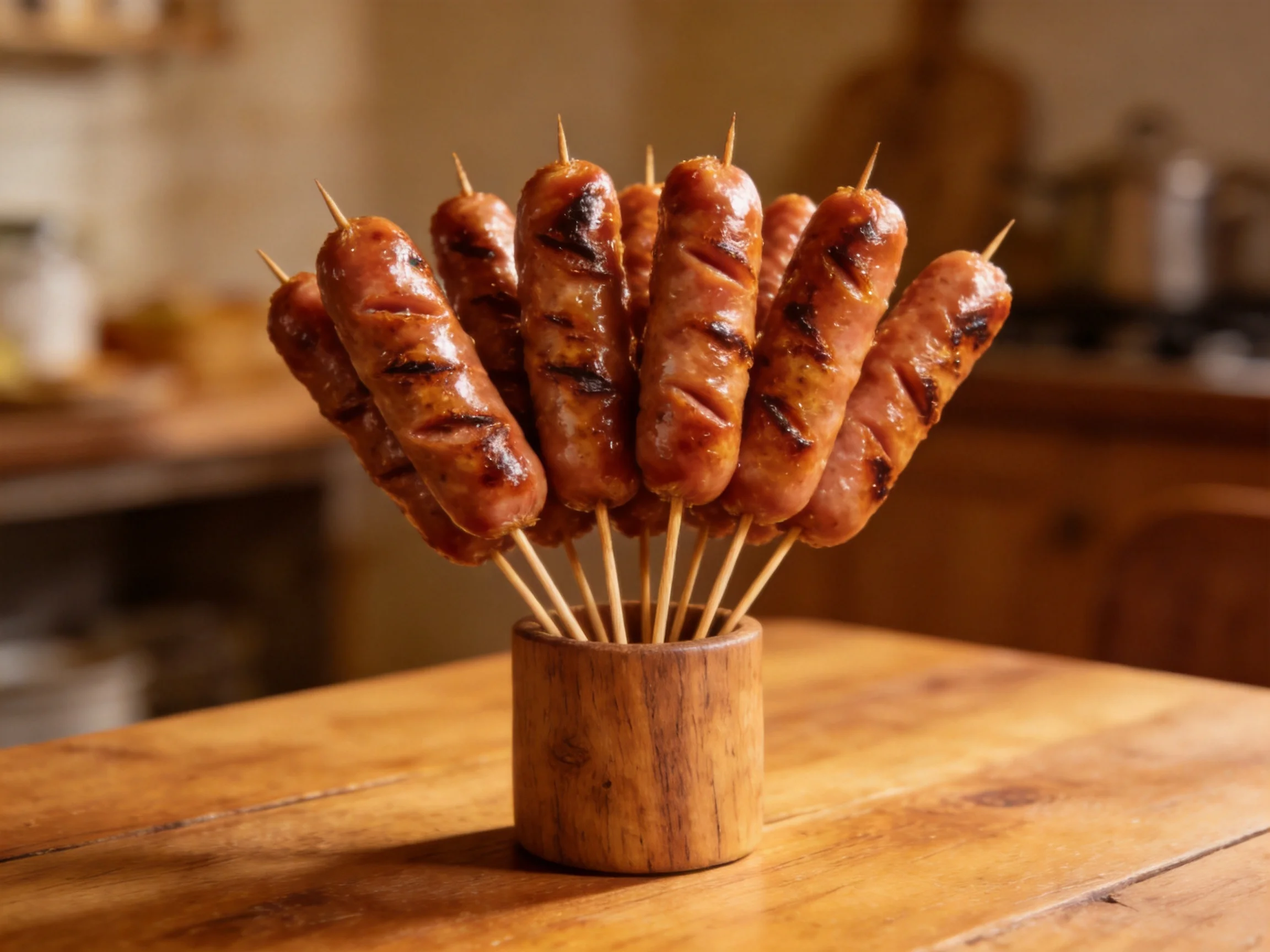 Grilled sausage skewers arranged in a wooden holder on a wooden table