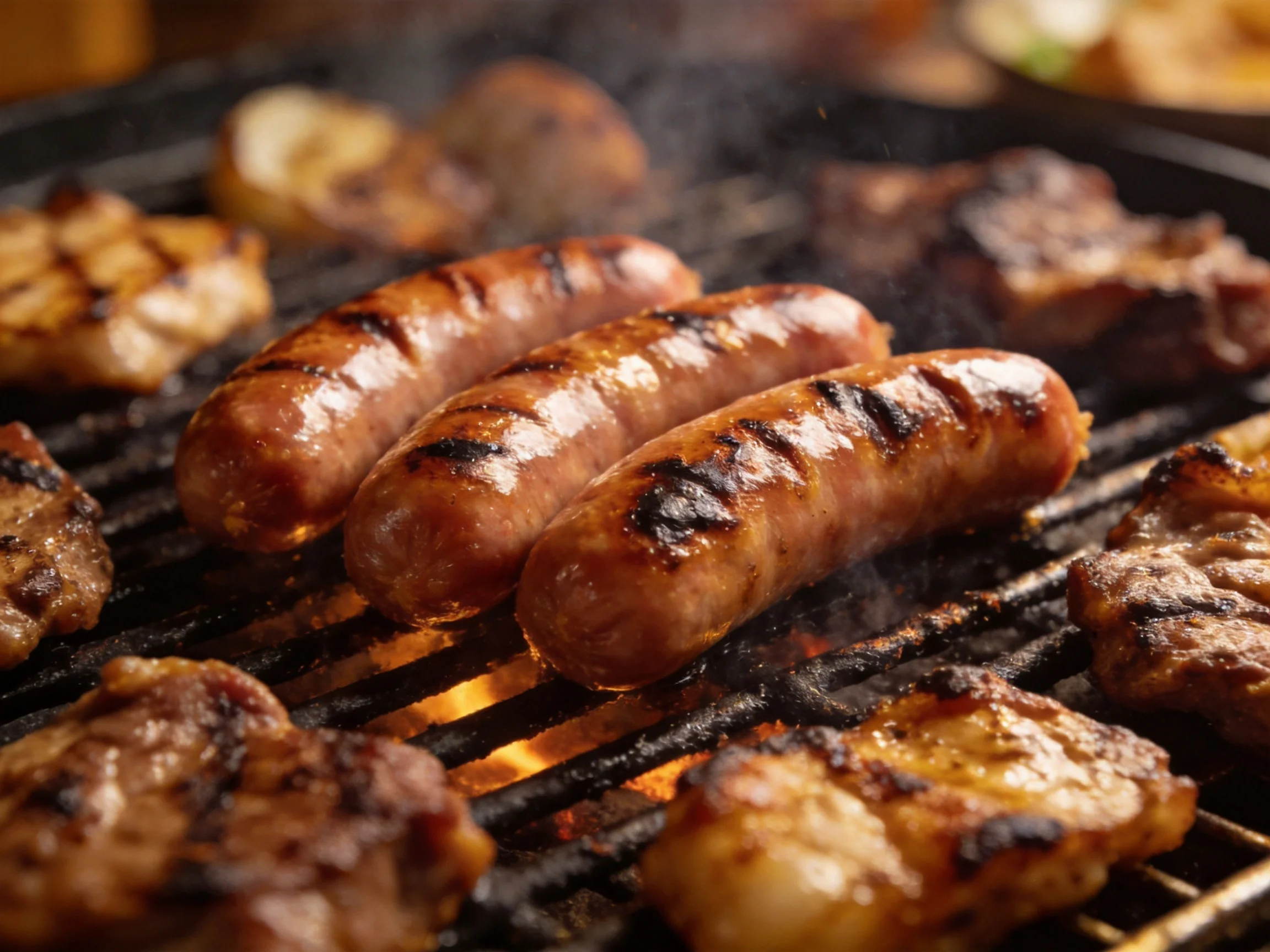 Grilled sausages and assorted meats cook over glowing embers
