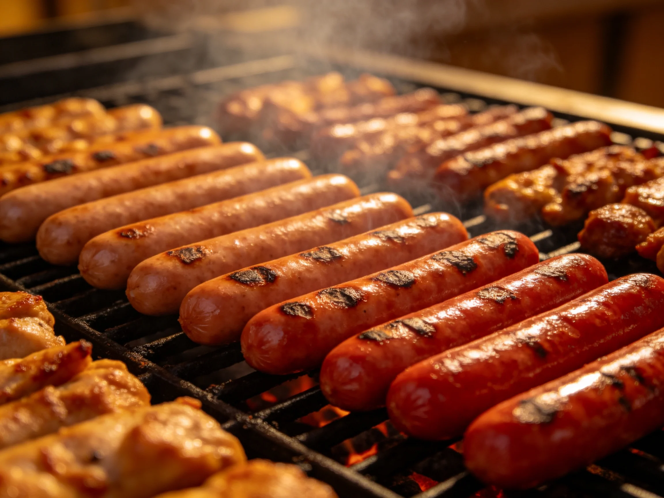 Grilled sausages and assorted meats cooking on a barbecue grill