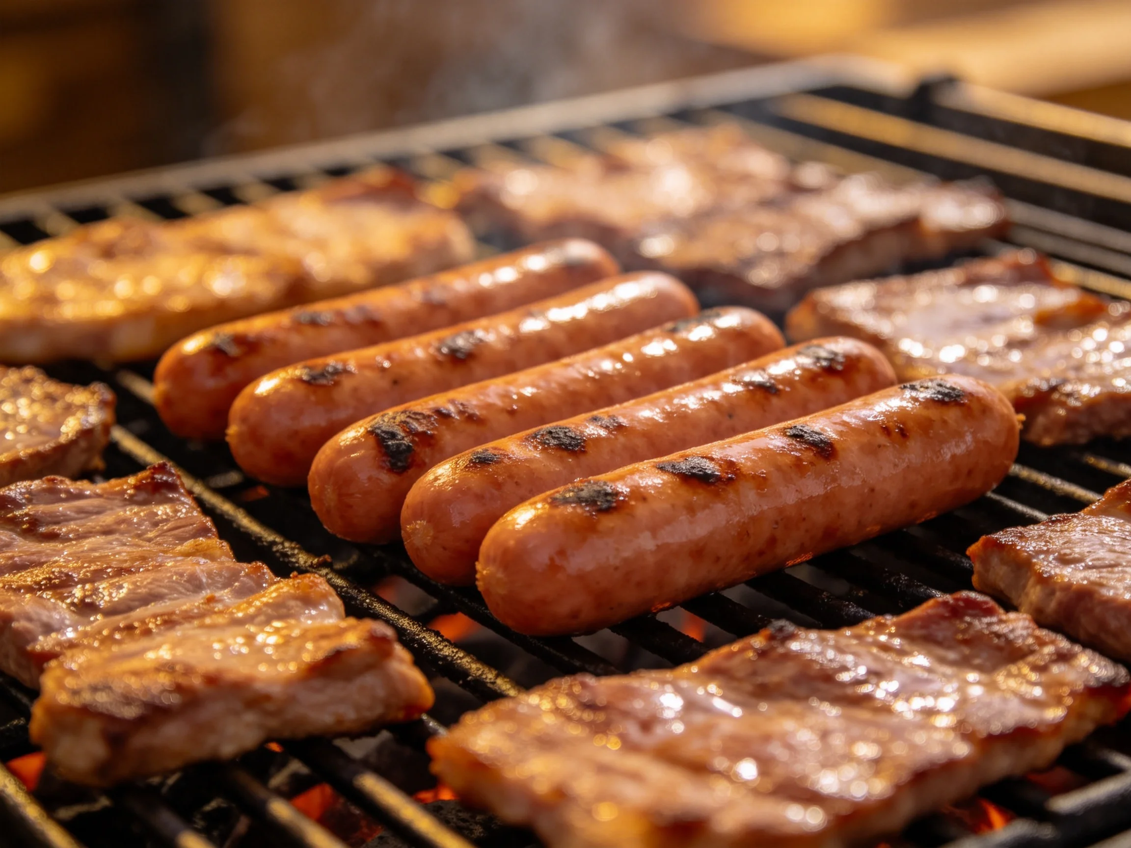 Grilled sausages and assorted meats sizzle over a flaming grill
