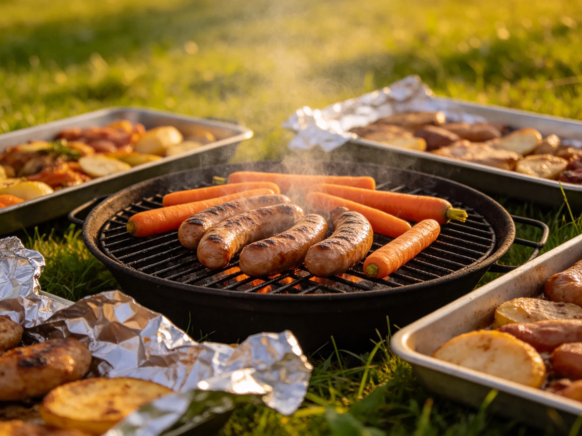 Grilled sausages and carrots with roasted vegetables in foil trays