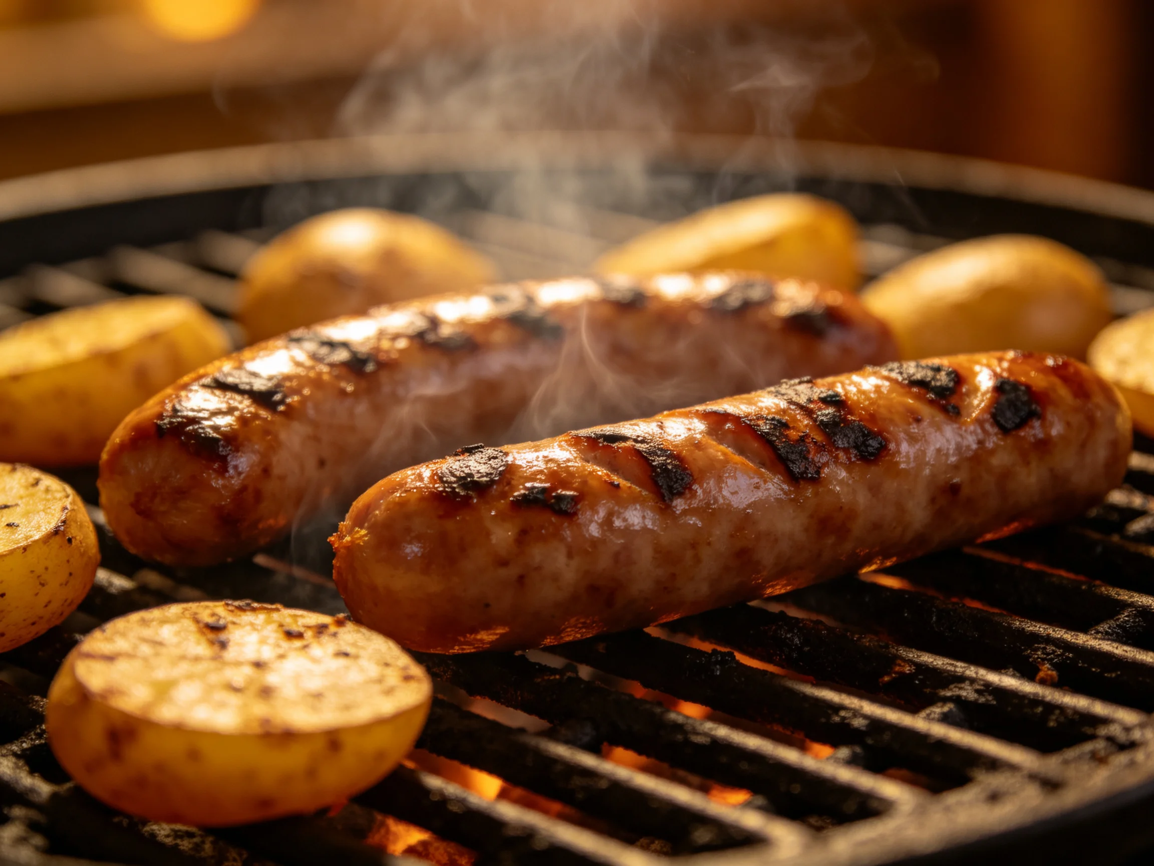 Grilled sausages and golden potatoes sizzle on a barbecue grill