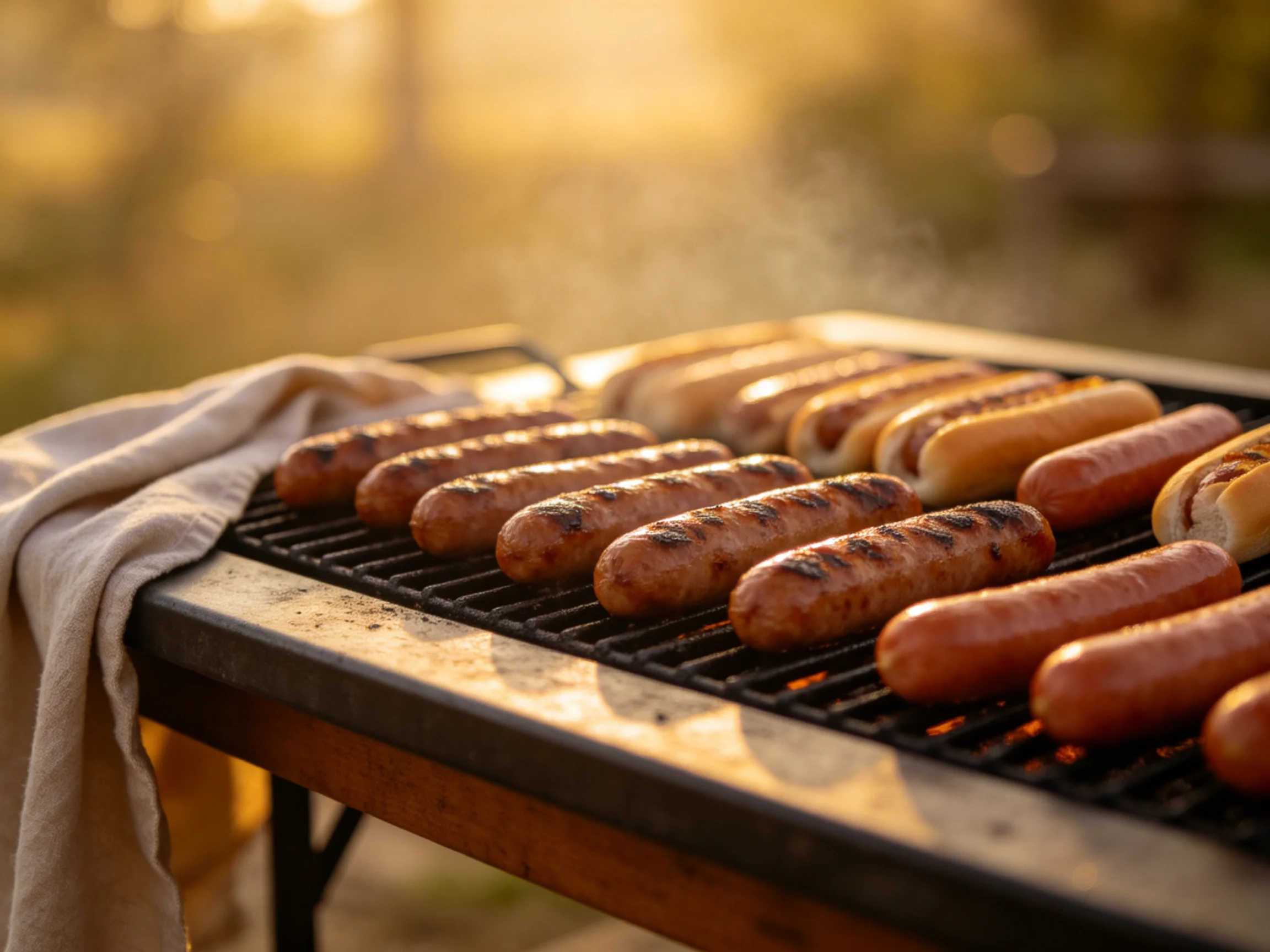 Grilled sausages and hot dogs on an outdoor barbecue