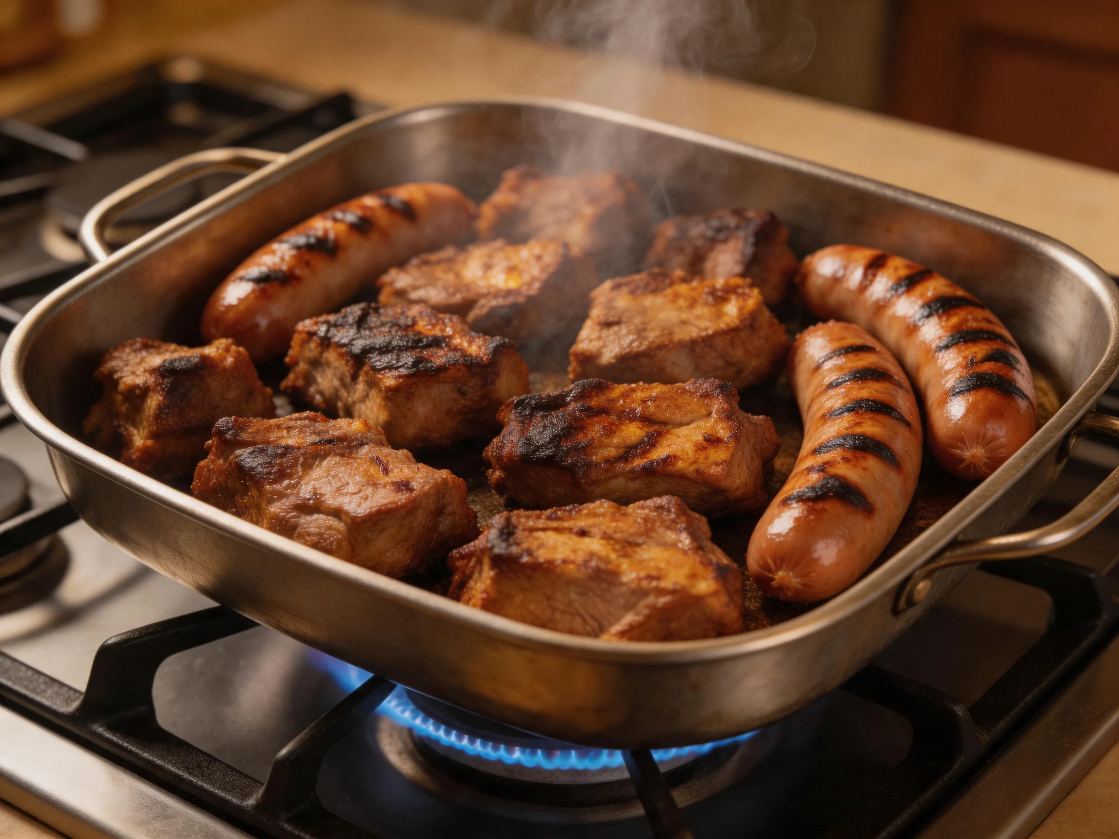 Grilled sausages and meat cooking in a stainless steel pan over a lit gas burner