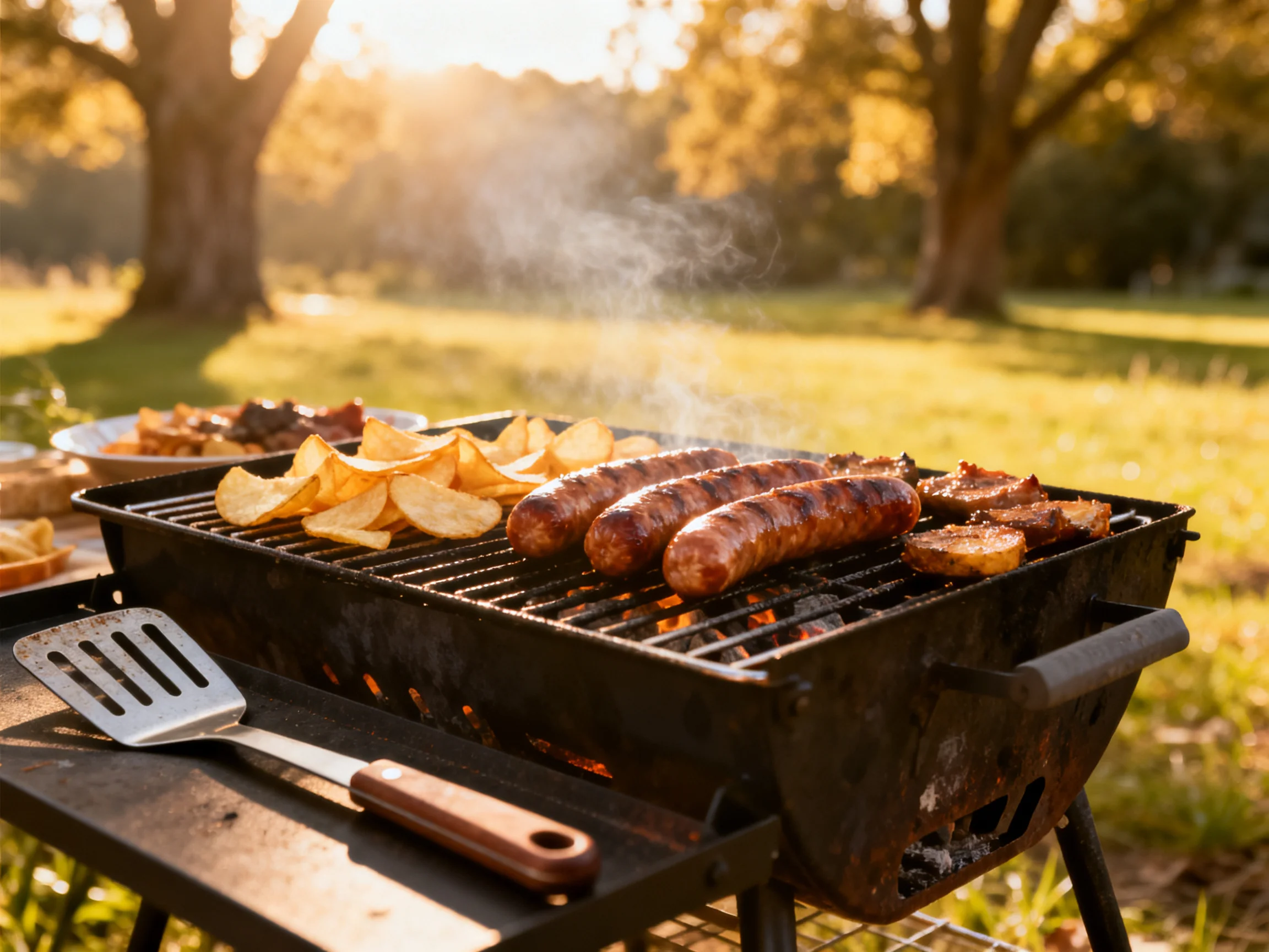 Grilled sausages and potato slices barbecue on a charcoal grill in a sunlit park.