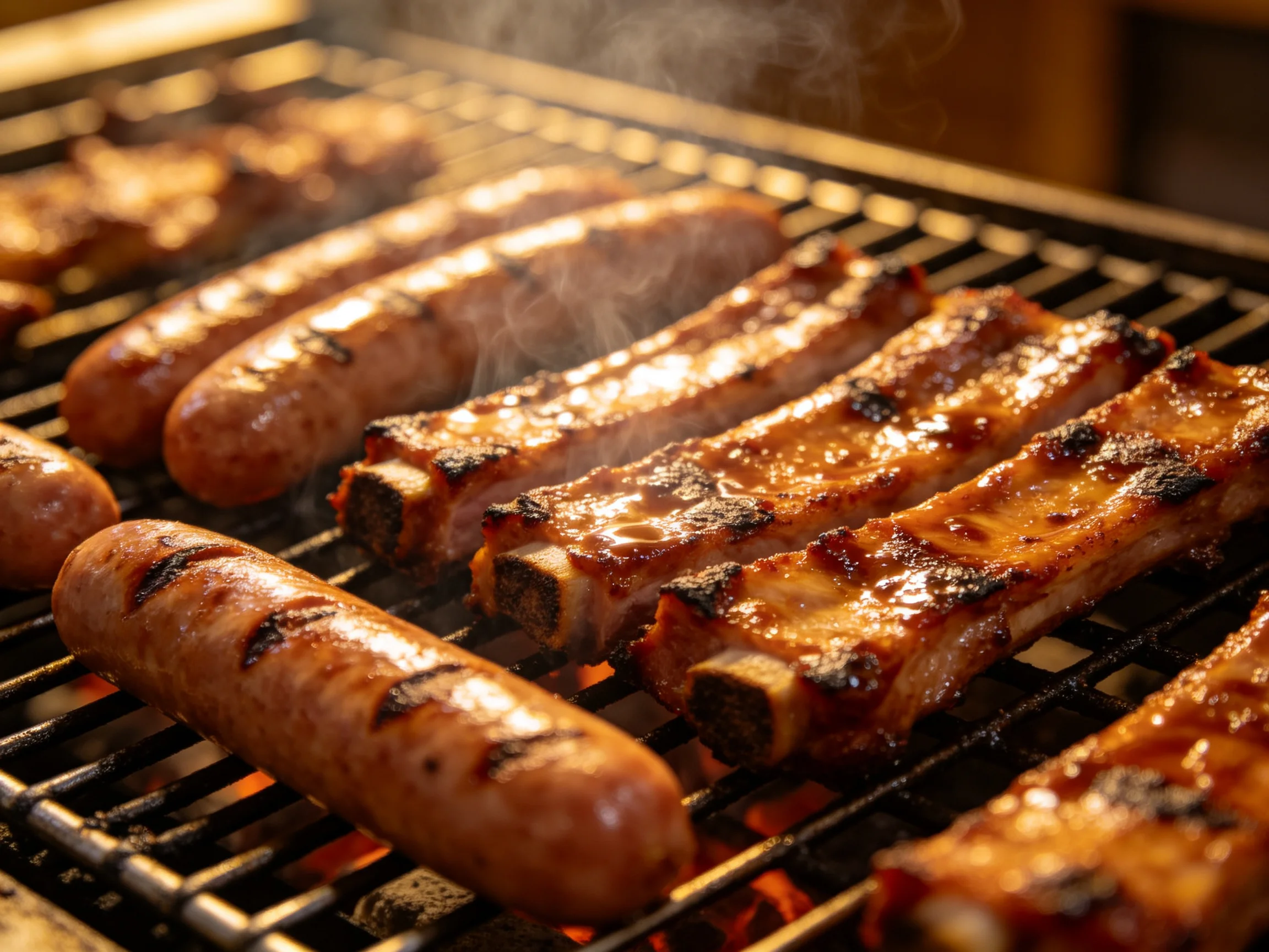 Grilled sausages and ribs sizzle over an open flame