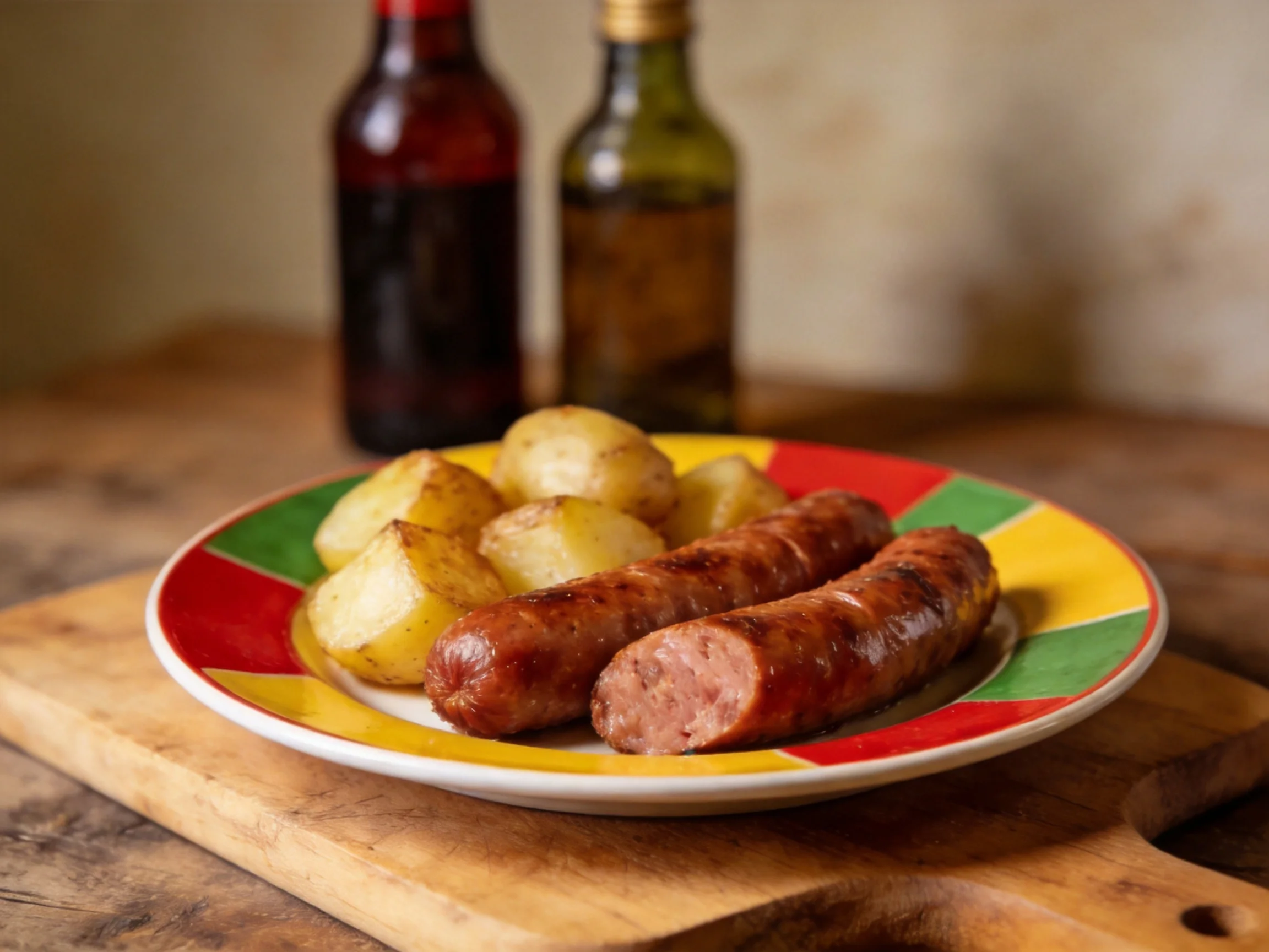 Grilled sausages and roasted potato chunks on a vibrant plate beside two bottles