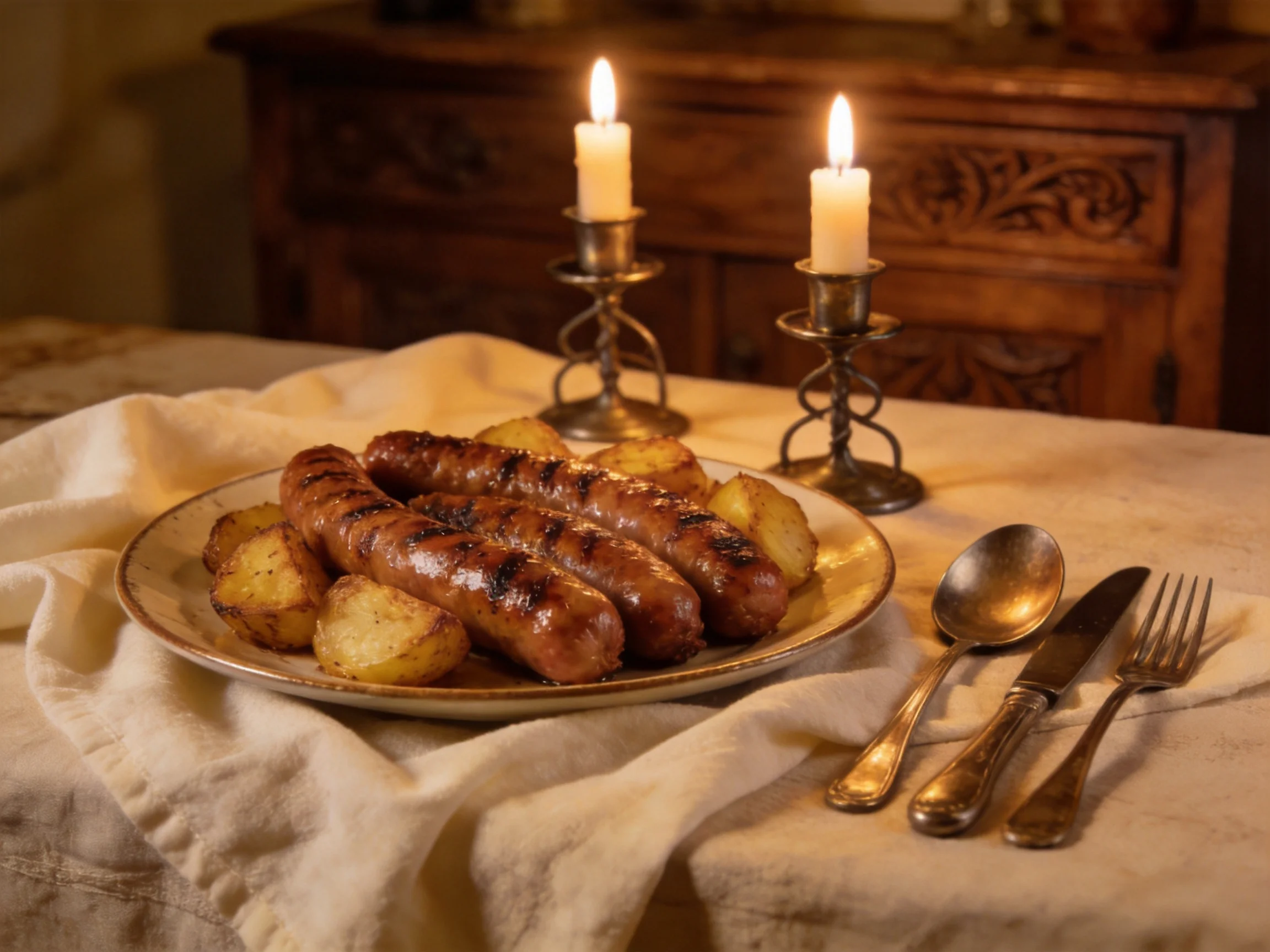 Grilled sausages and roasted potato slices on a cloth-covered table with lit candles