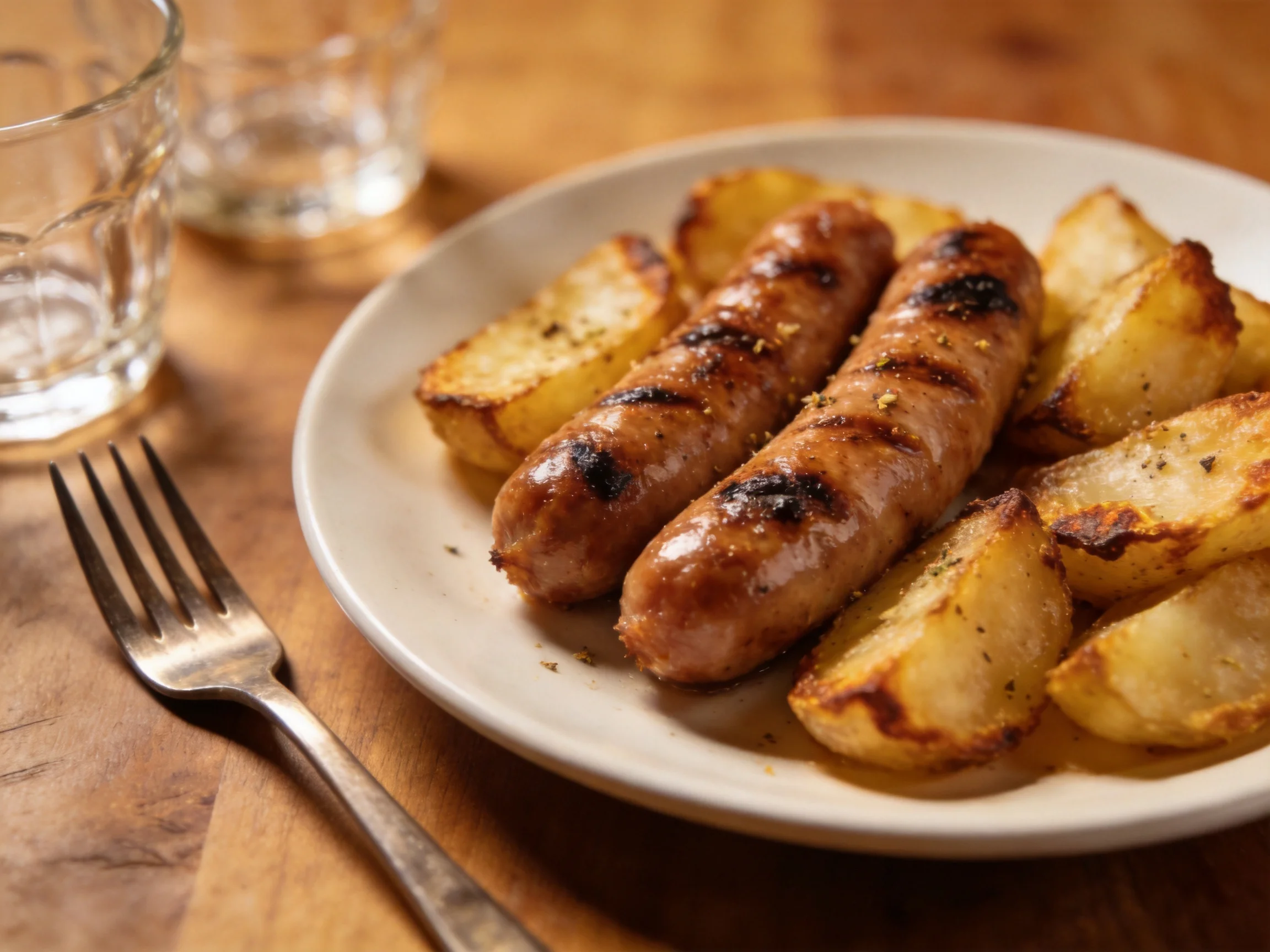 Grilled sausages and roasted potato wedges on a white plate