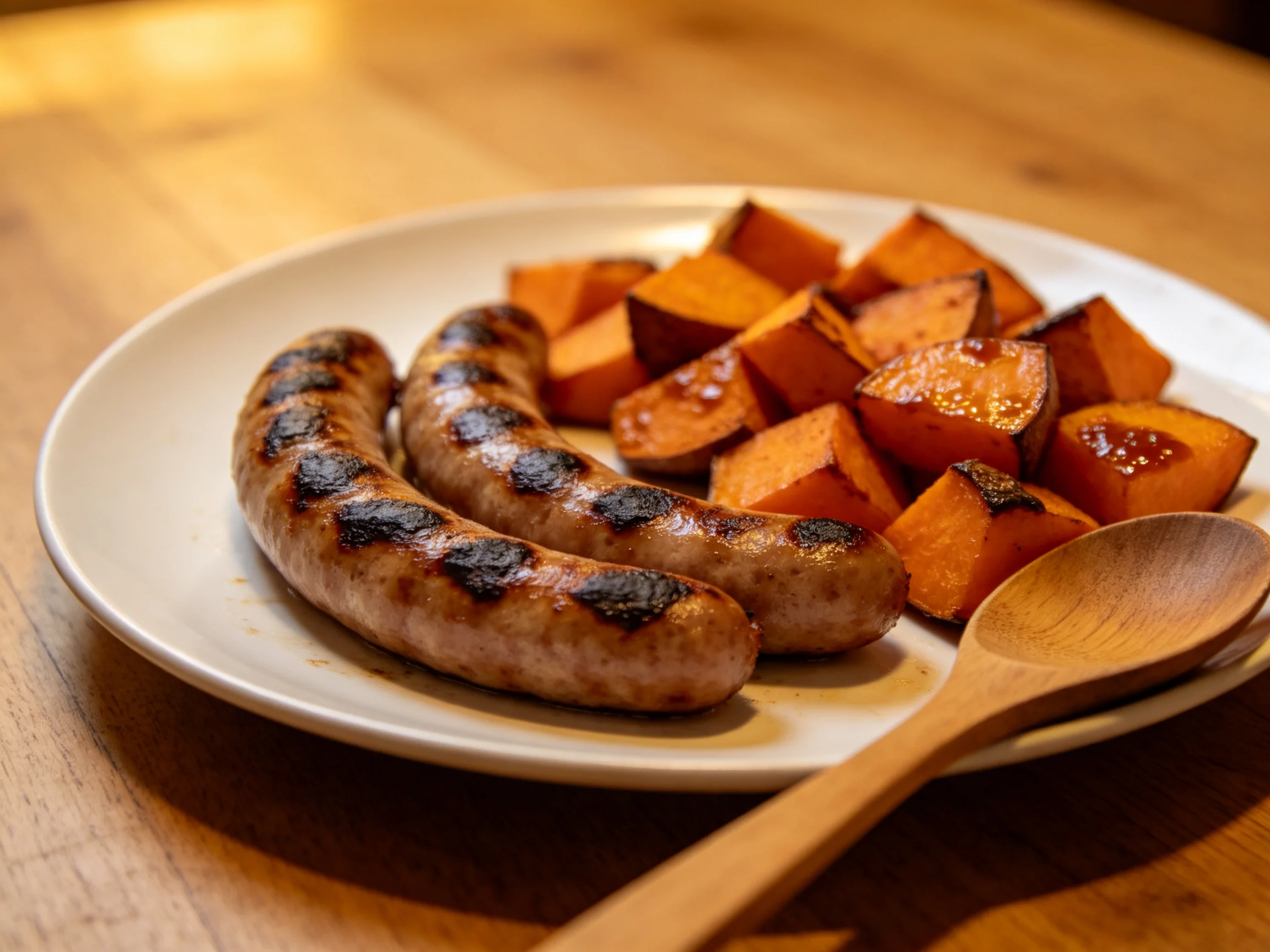 Grilled sausages and roasted sweet potato cubes on a white plate