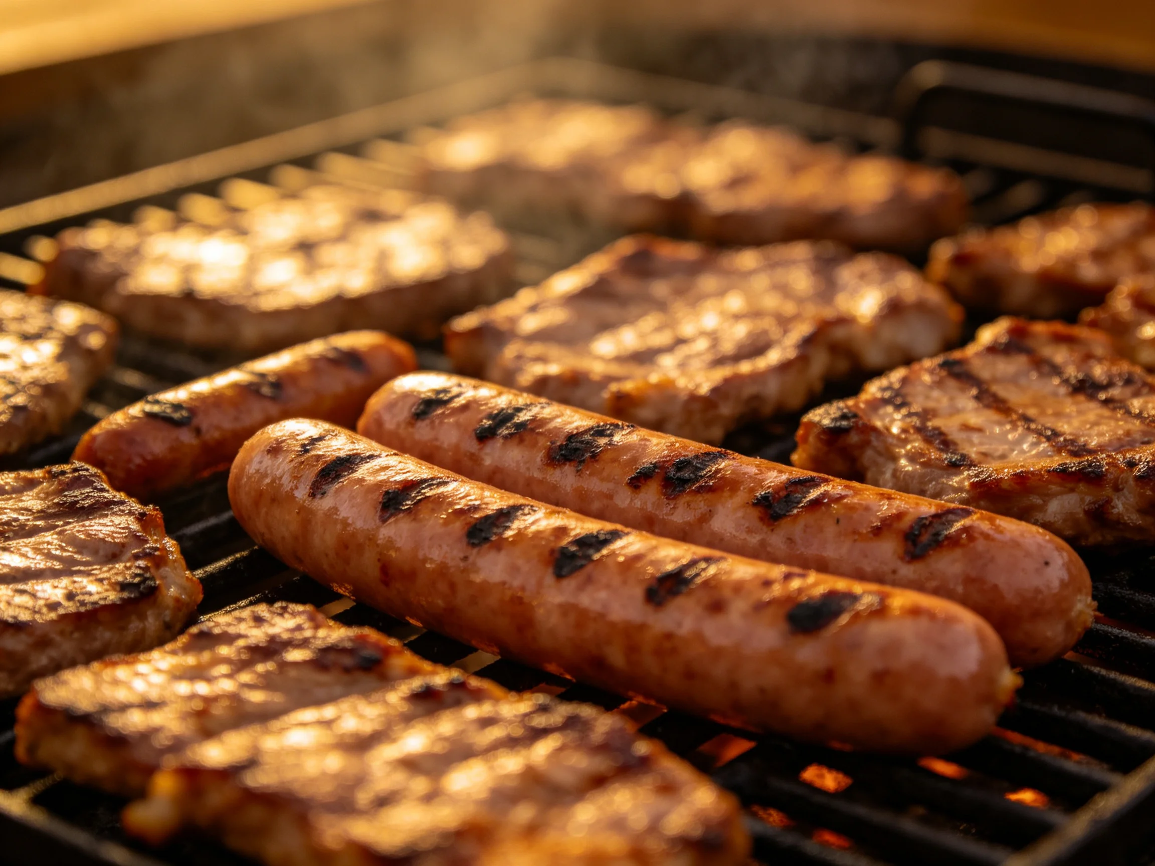 Grilled sausages and steaks cook on a barbecue grill