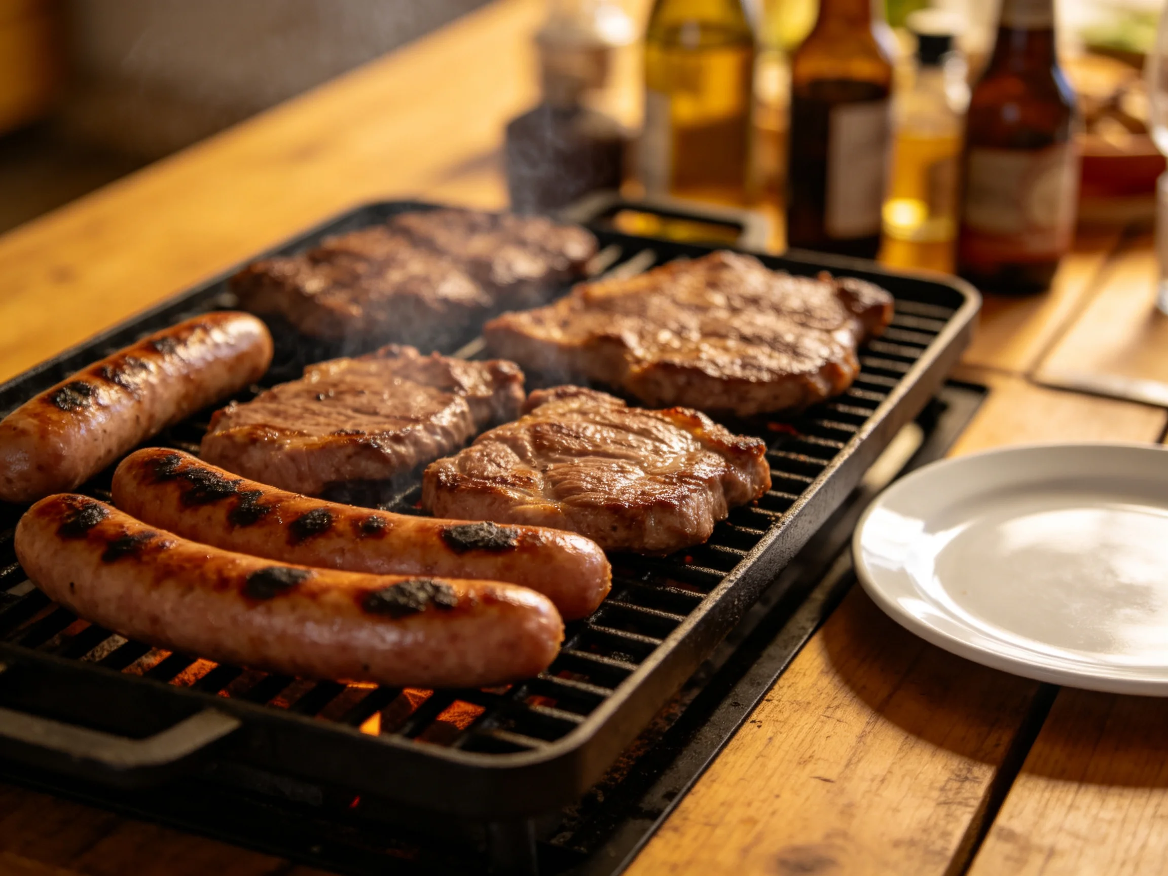 Grilled sausages and steaks cook on a black grill pan over a wooden table