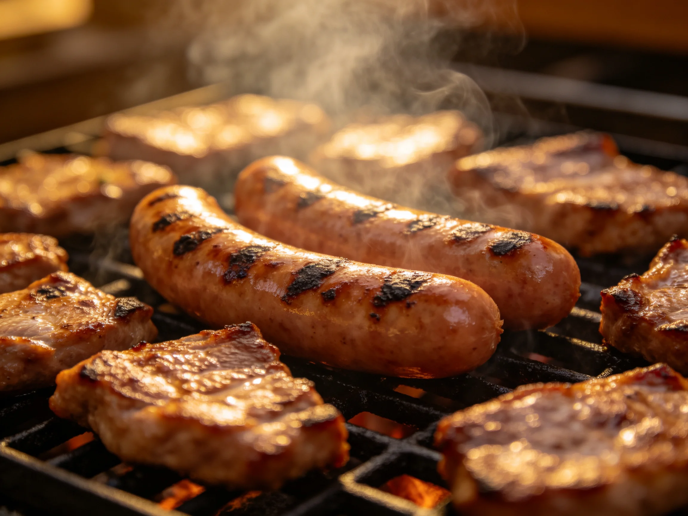 Grilled sausages and steaks cooking over a smoky barbecue