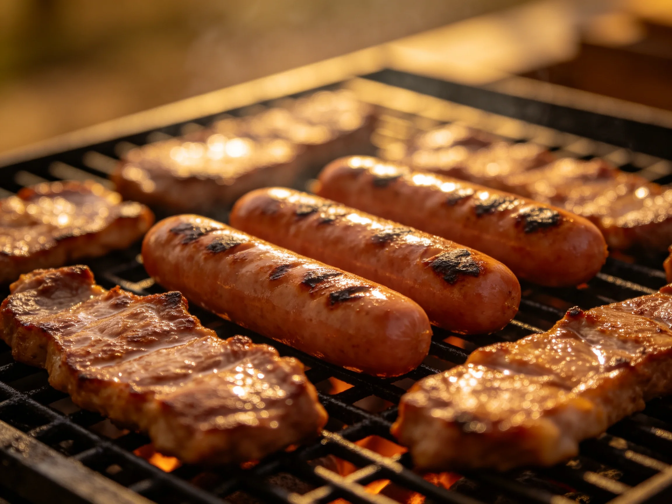 Grilled sausages and steaks sizzle over open flames