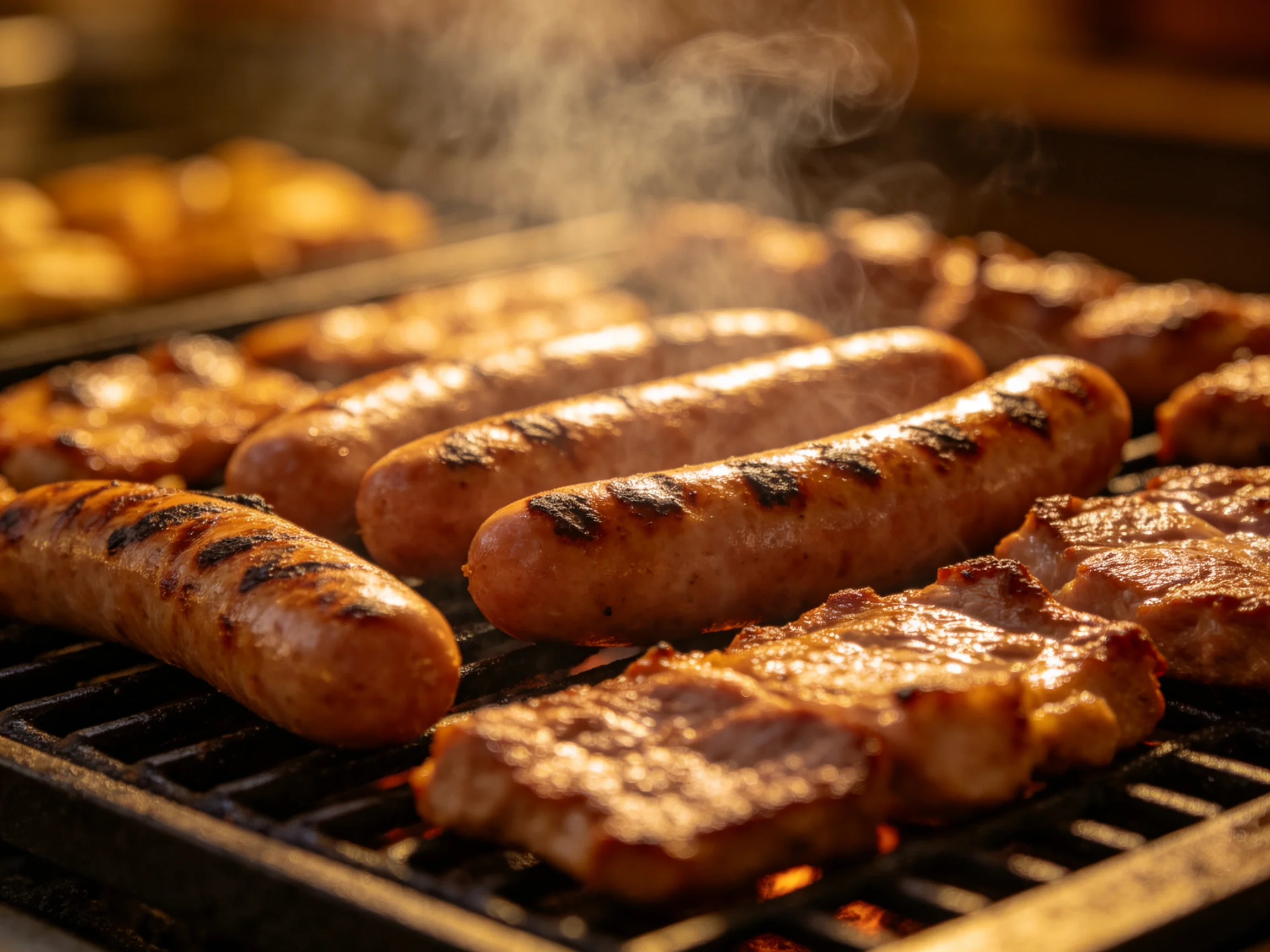 Grilled sausages and steaks sizzle over open flames