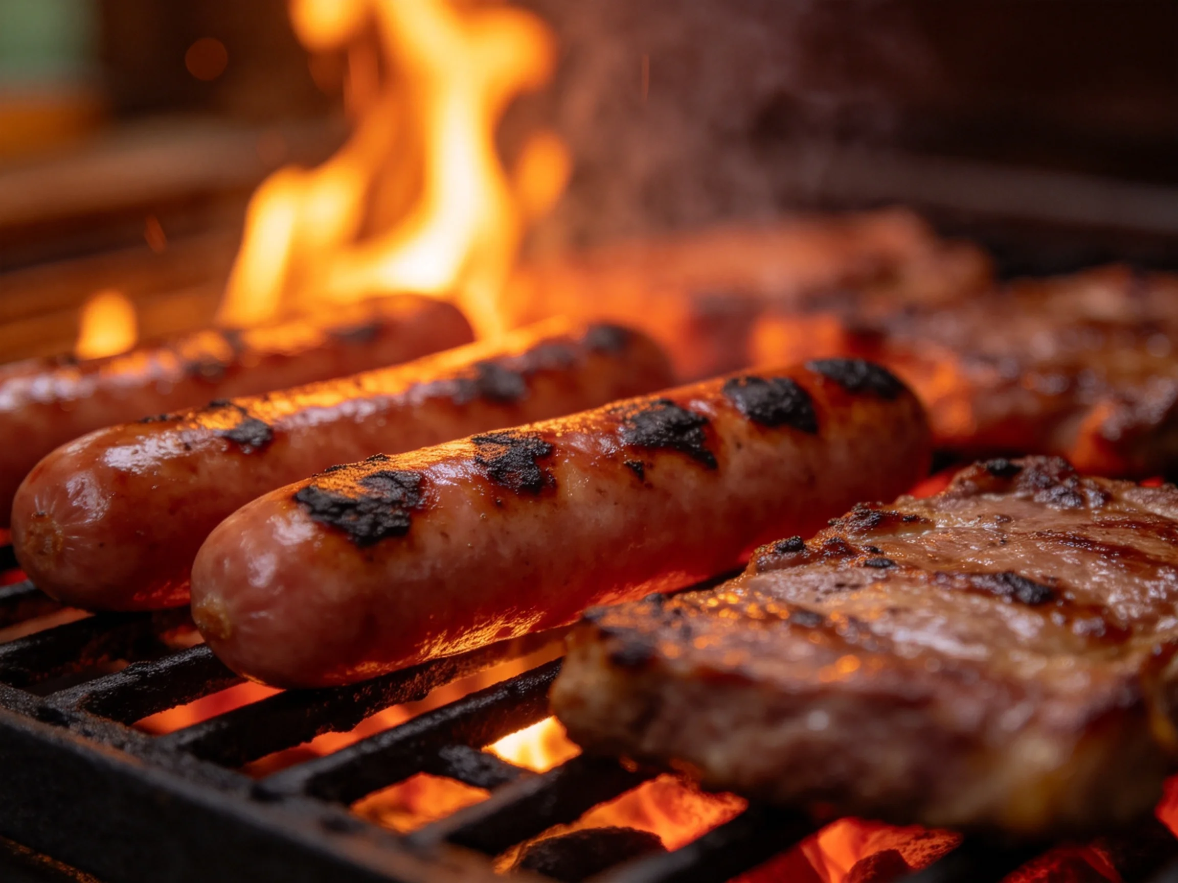Grilled sausages and steaks sizzling over blazing orange flames