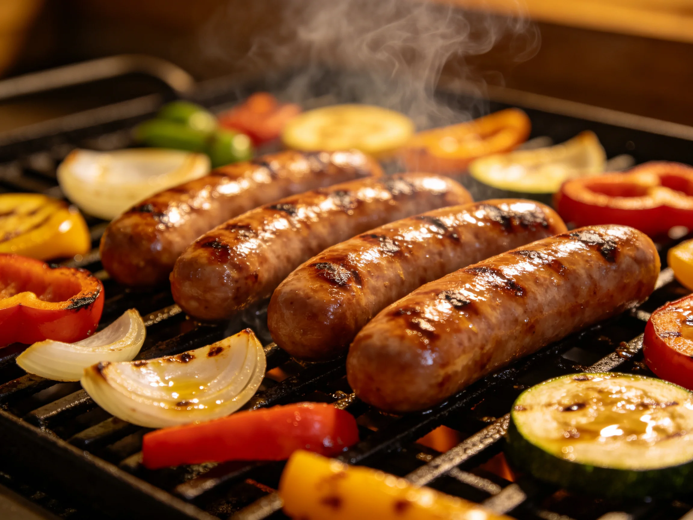 Grilled sausages and vibrant vegetables sizzling on a barbecue