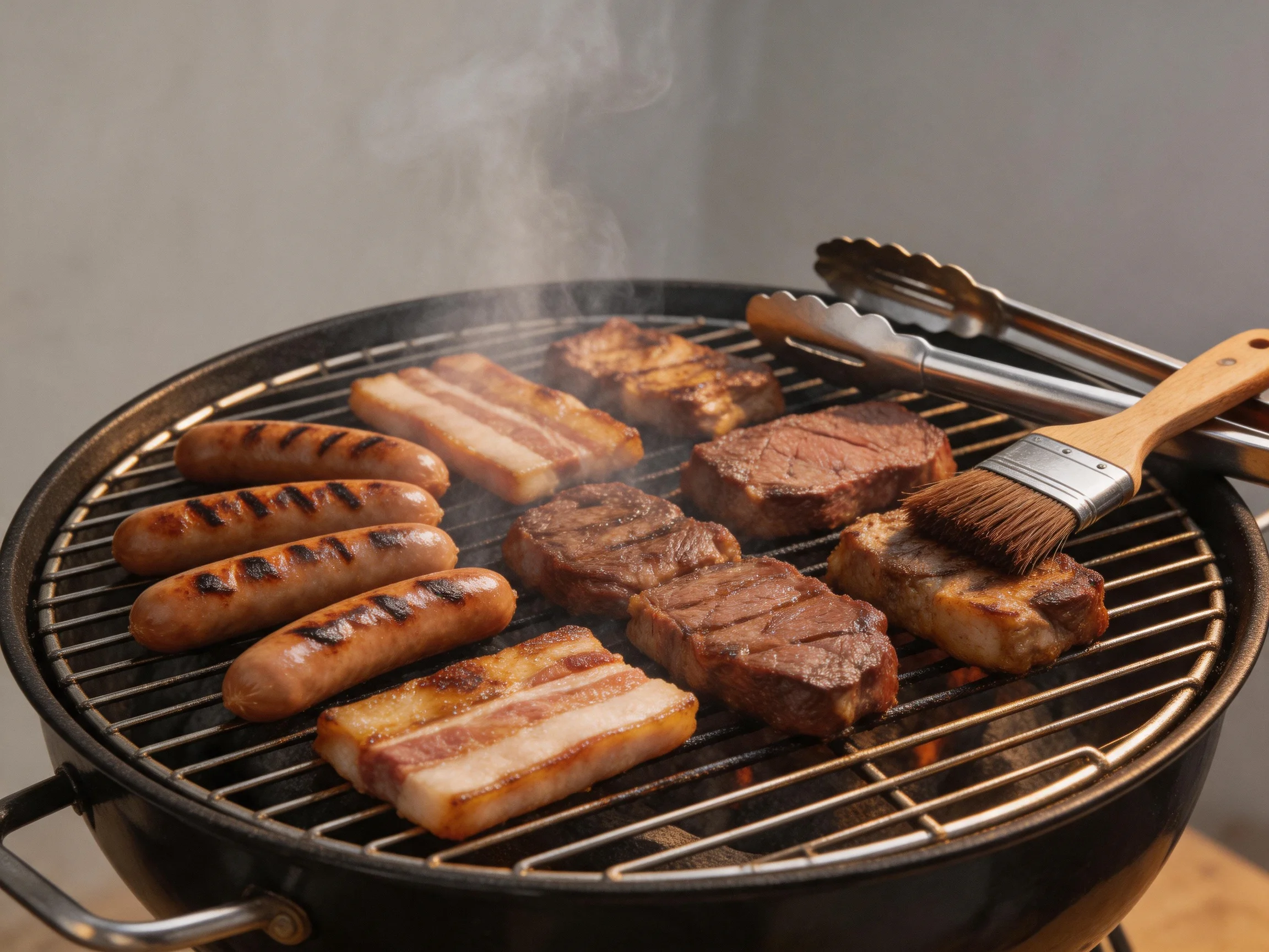 Grilled sausages, bacon, and steaks on a round charcoal barbecue