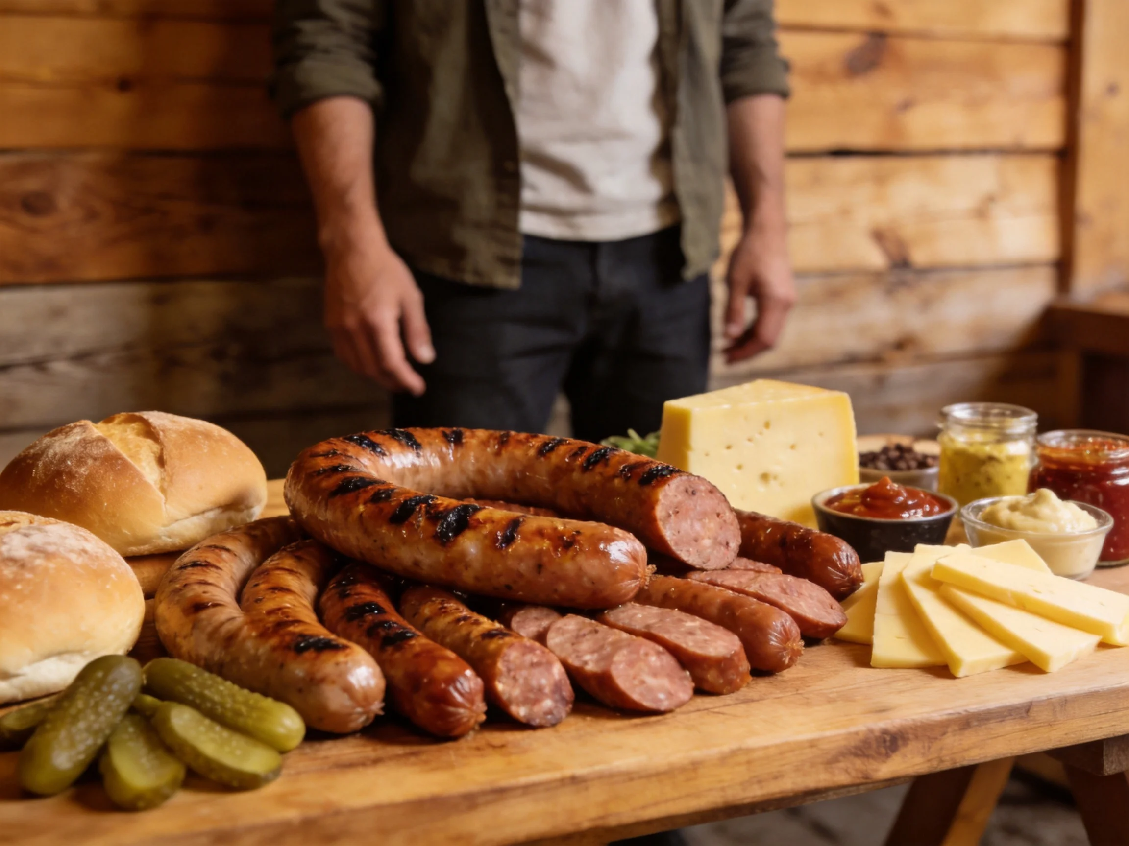 Grilled sausages, bread, and cheeses on a rustic wooden table
