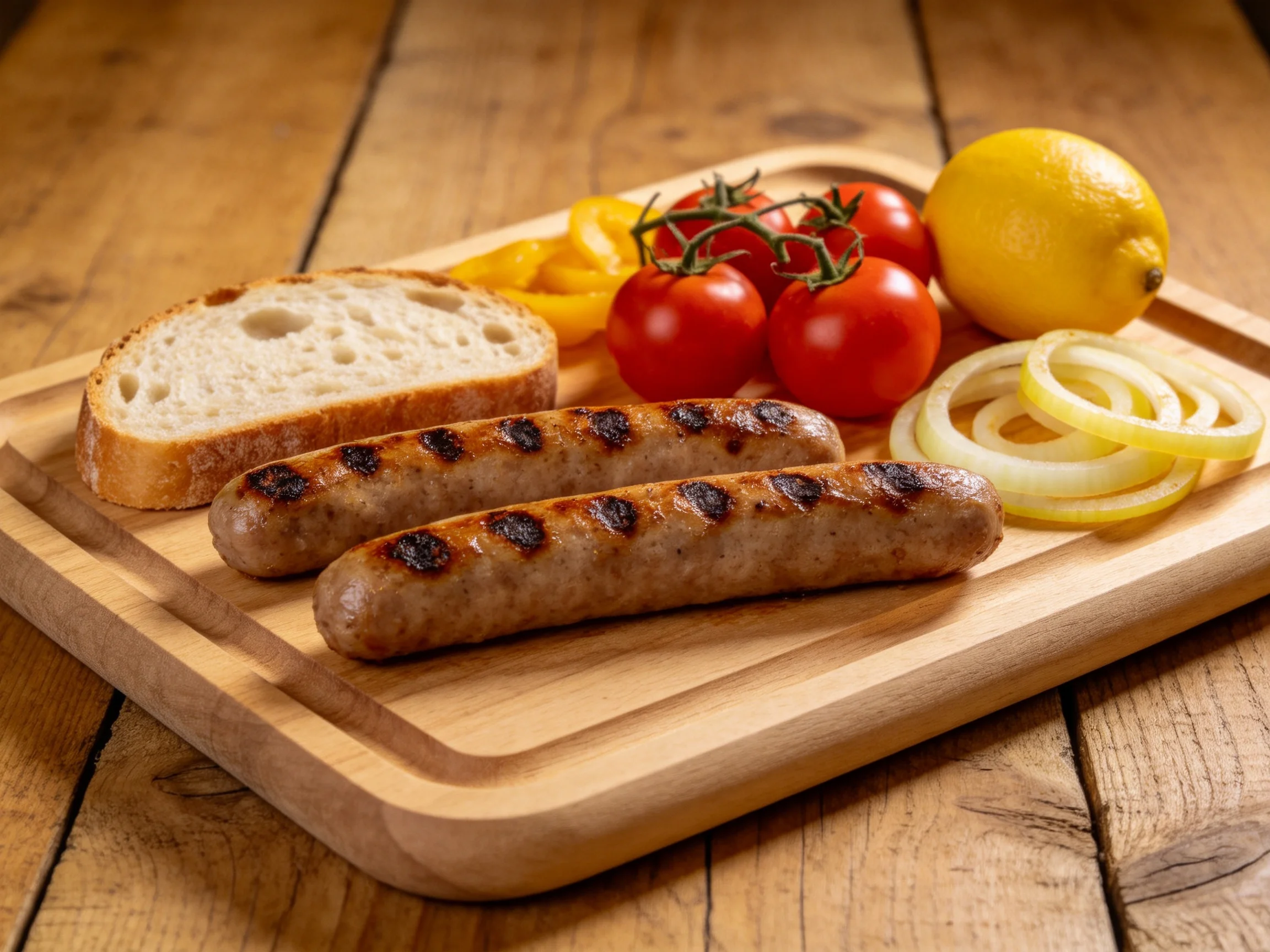 Grilled sausages, bread, cherry tomatoes, lemon, and onion rings on a wooden board