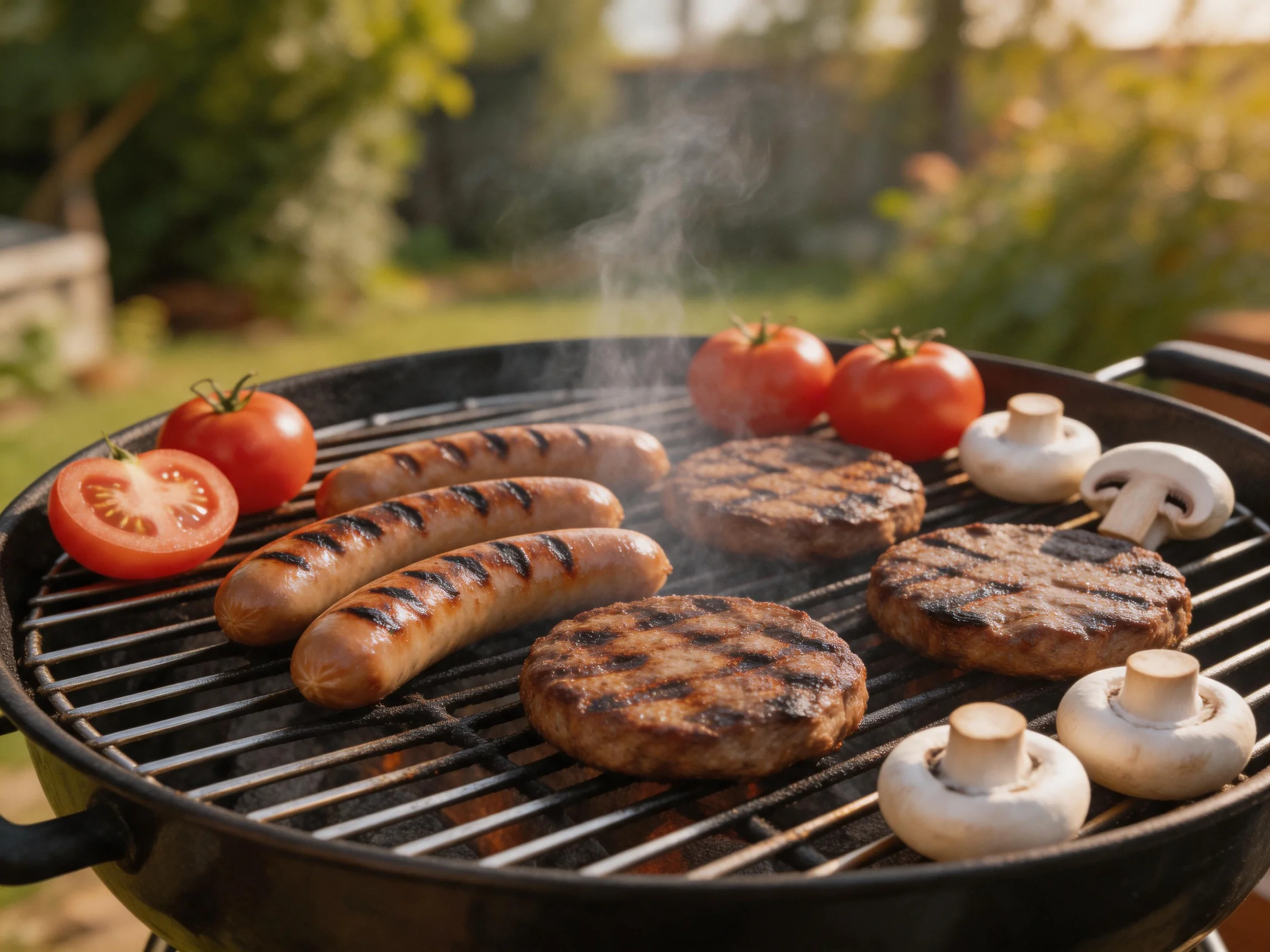 Grilled sausages, burgers, tomatoes, and mushrooms on an outdoor barbecue