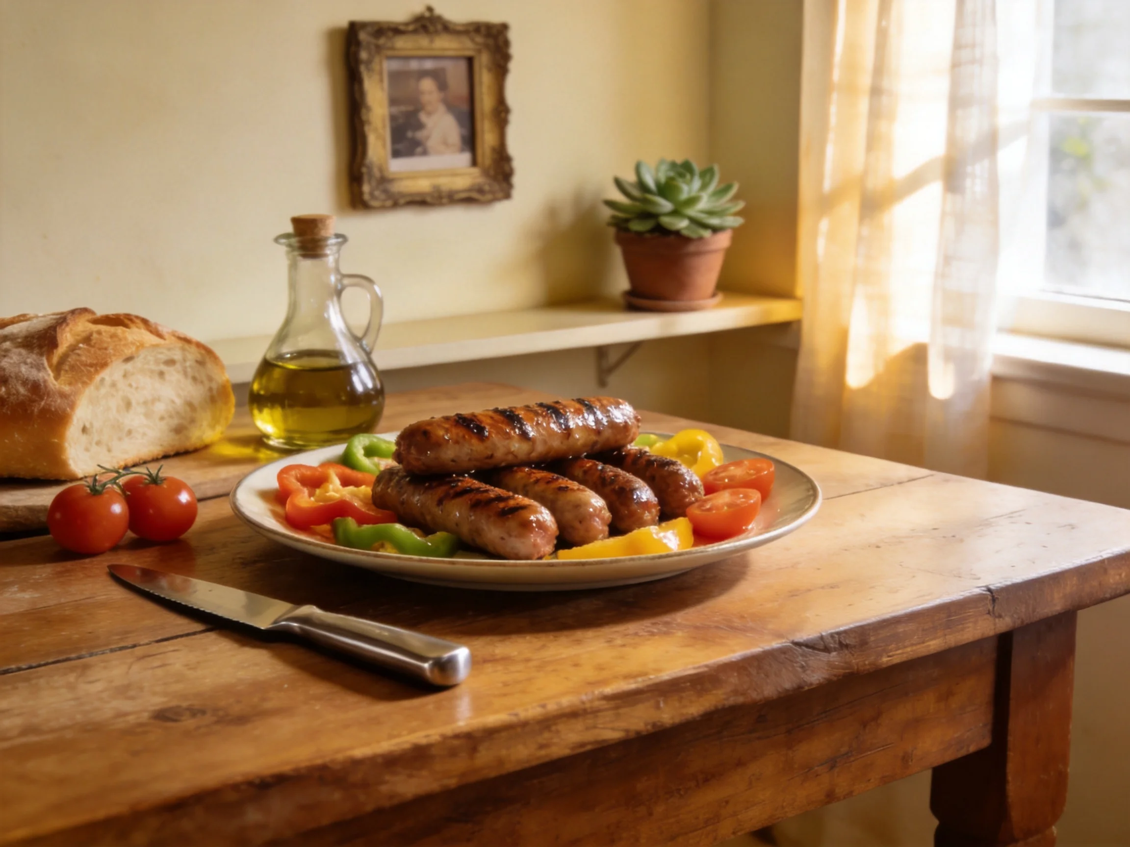 Grilled sausages, colorful veggies, and bread on a wooden table