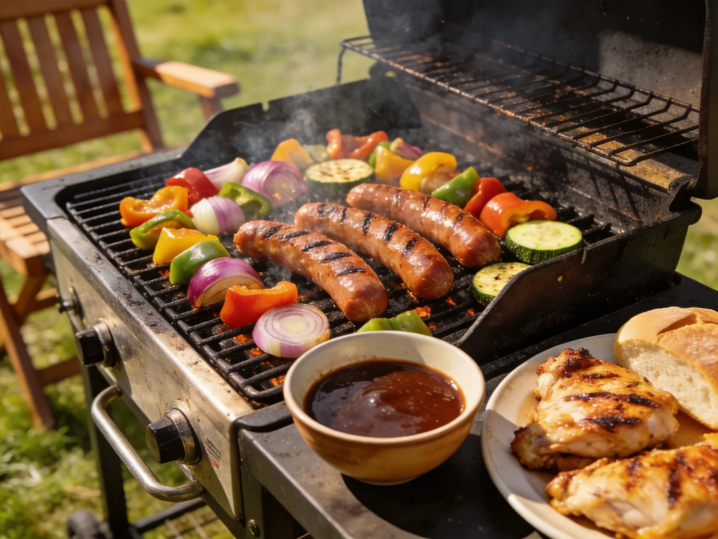 Grilled sausages, colorful veggies, and chicken on an outdoor barbecue