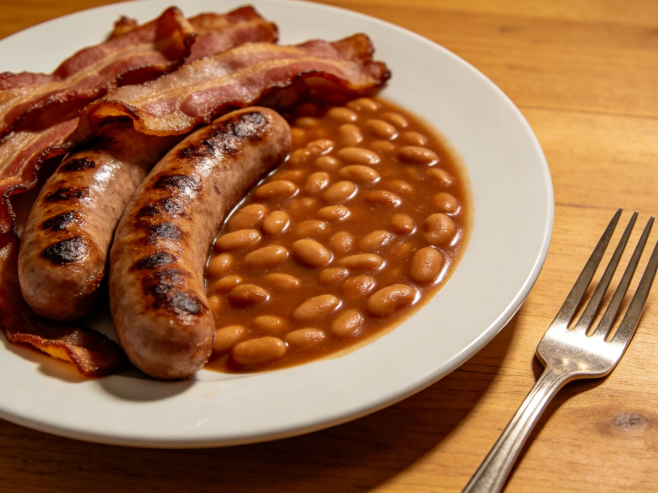 Grilled sausages, crispy bacon, and baked beans on a white plate