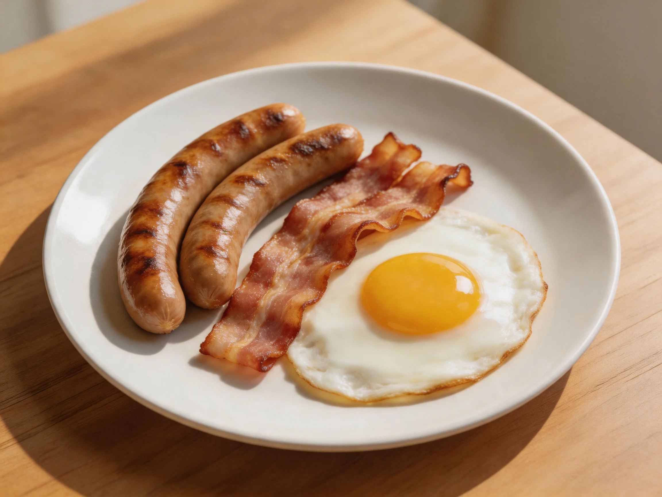 Grilled sausages, crispy bacon, and sunny-side-up egg on a white plate
