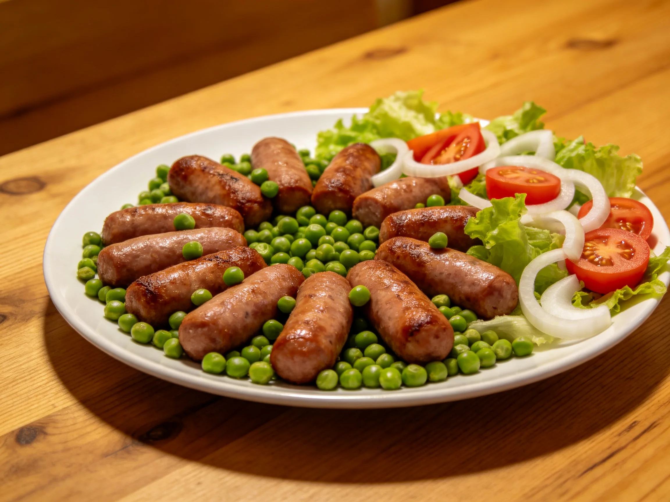 Grilled sausages, green peas, and fresh vegetable salad on a white plate