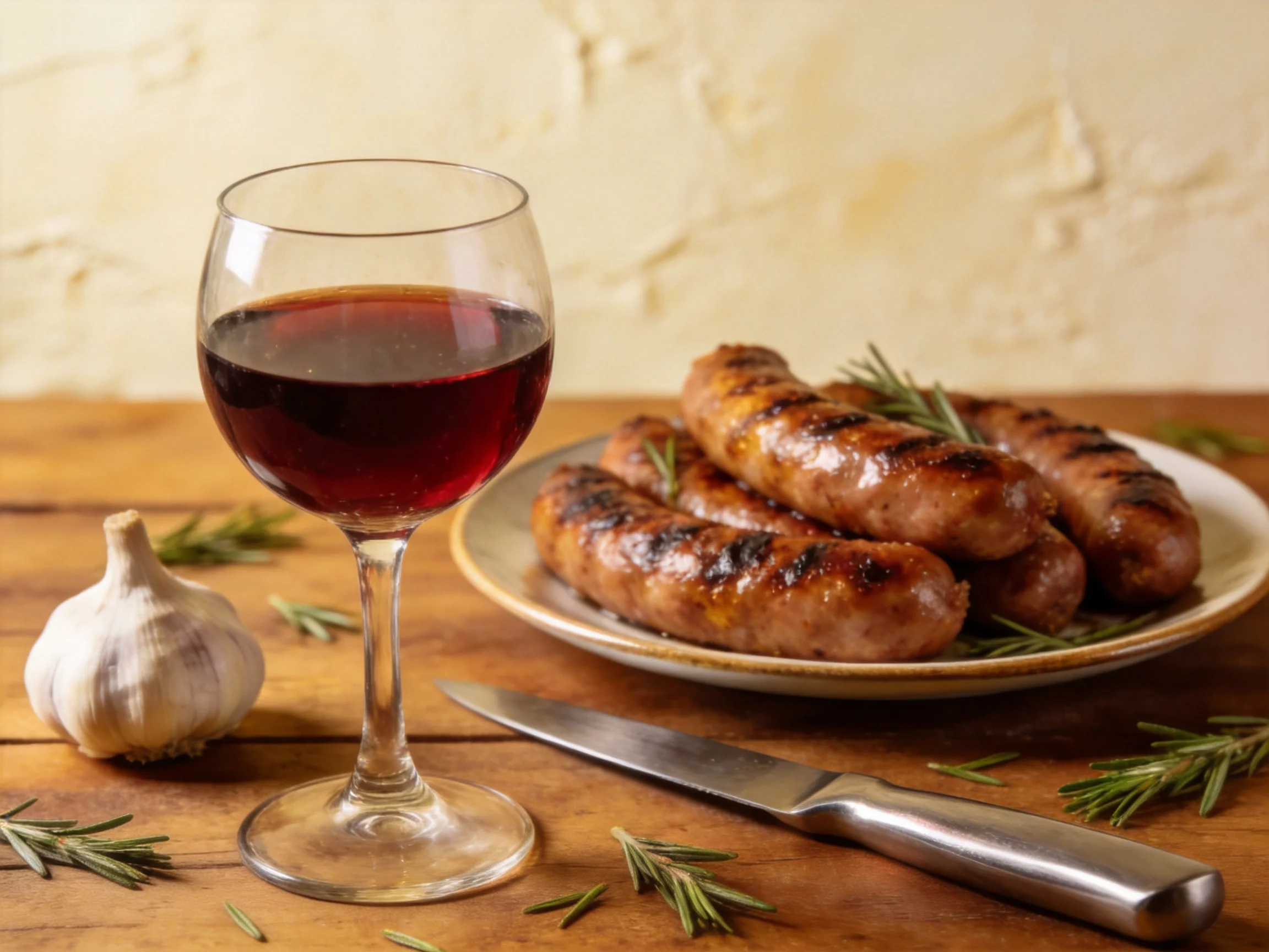 Grilled sausages, red wine, garlic, and rosemary on a wooden table