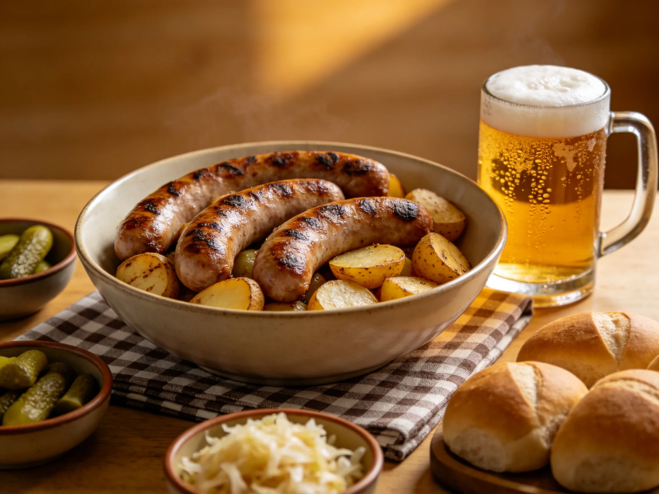 Grilled sausages, roasted potatoes, beer, and side dishes