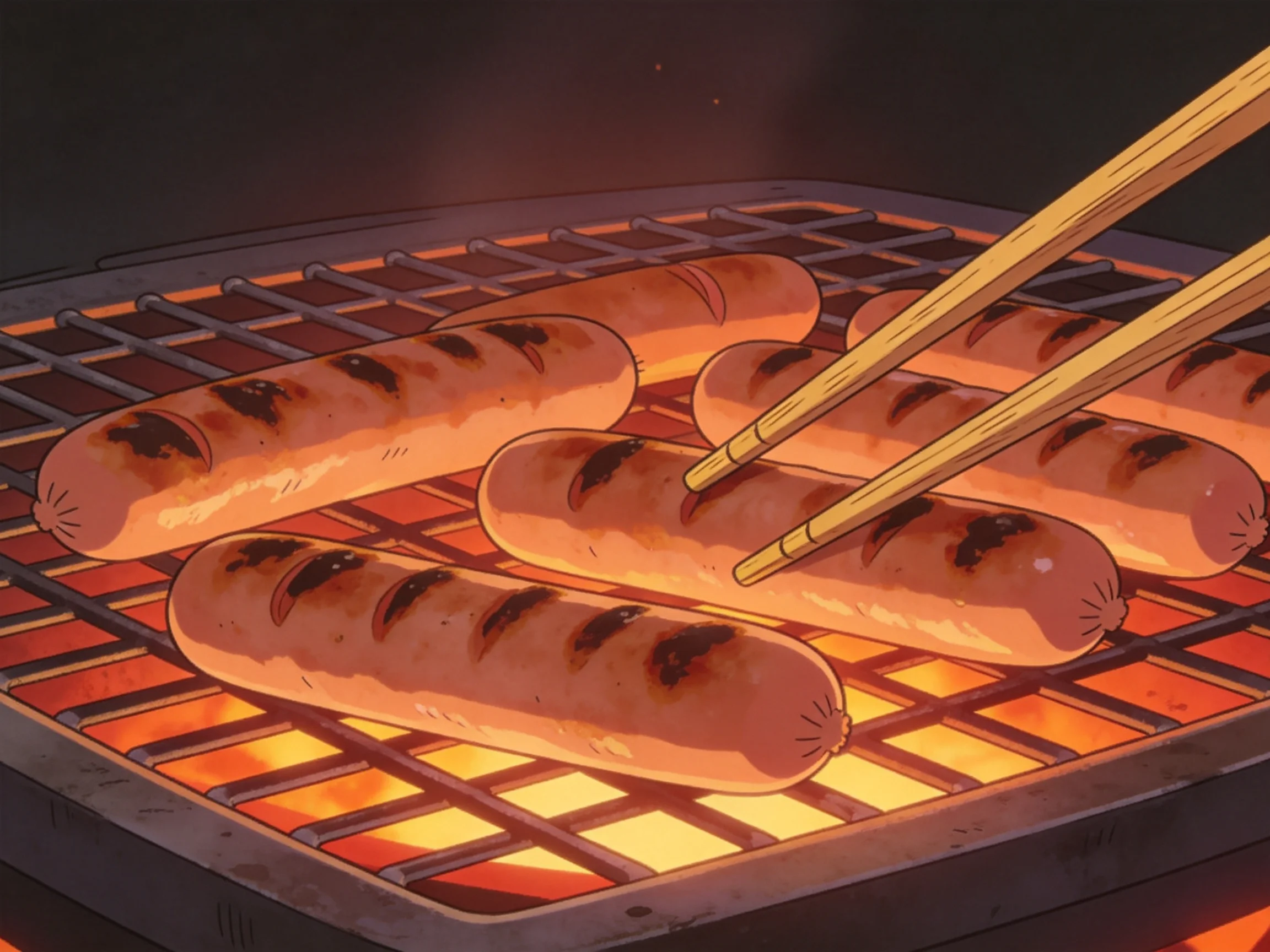 Grilled sausages sizzling over vibrant orange embers with chopsticks