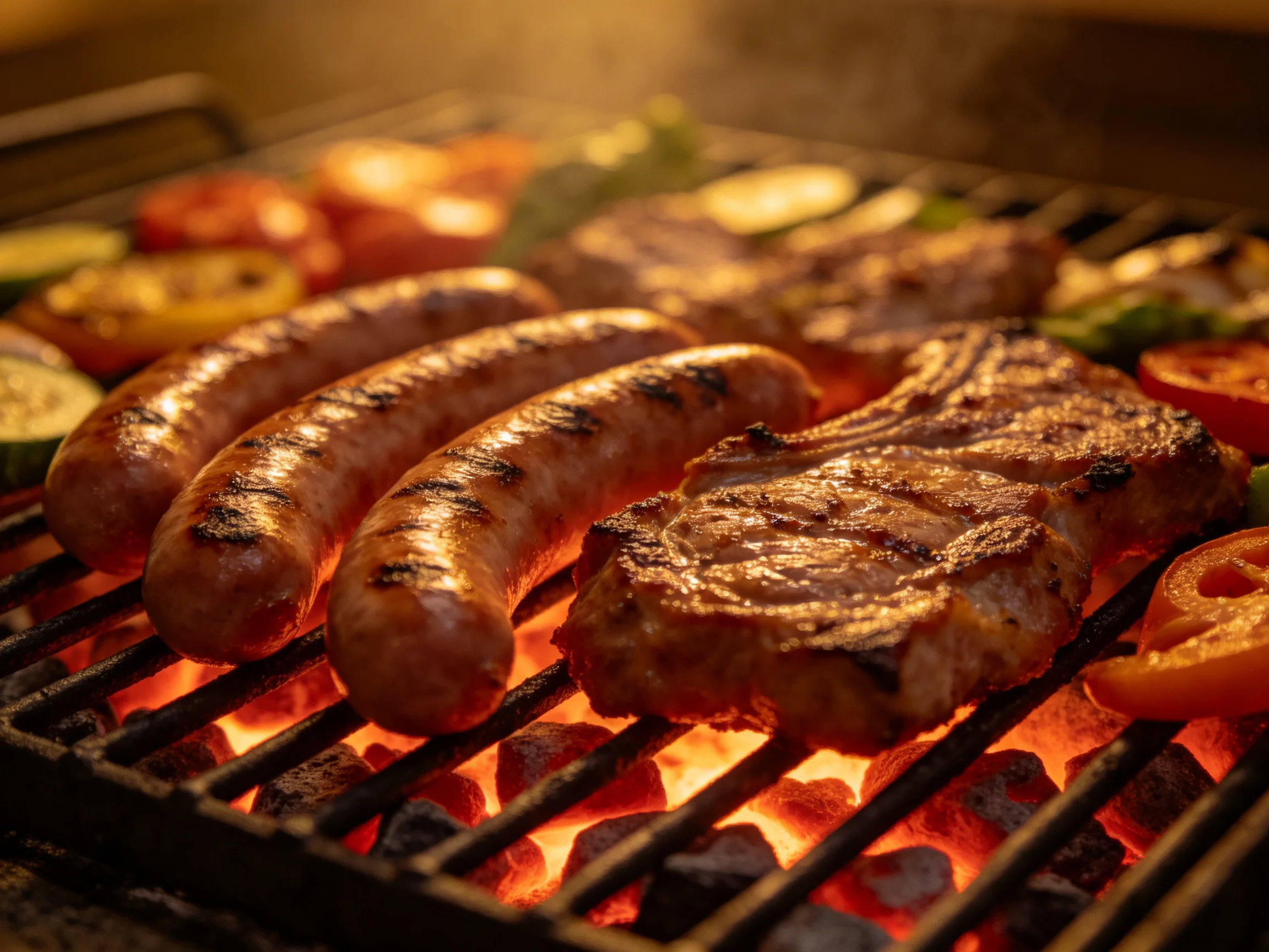 Grilled sausages, steaks, and vegetables sizzle over glowing coals