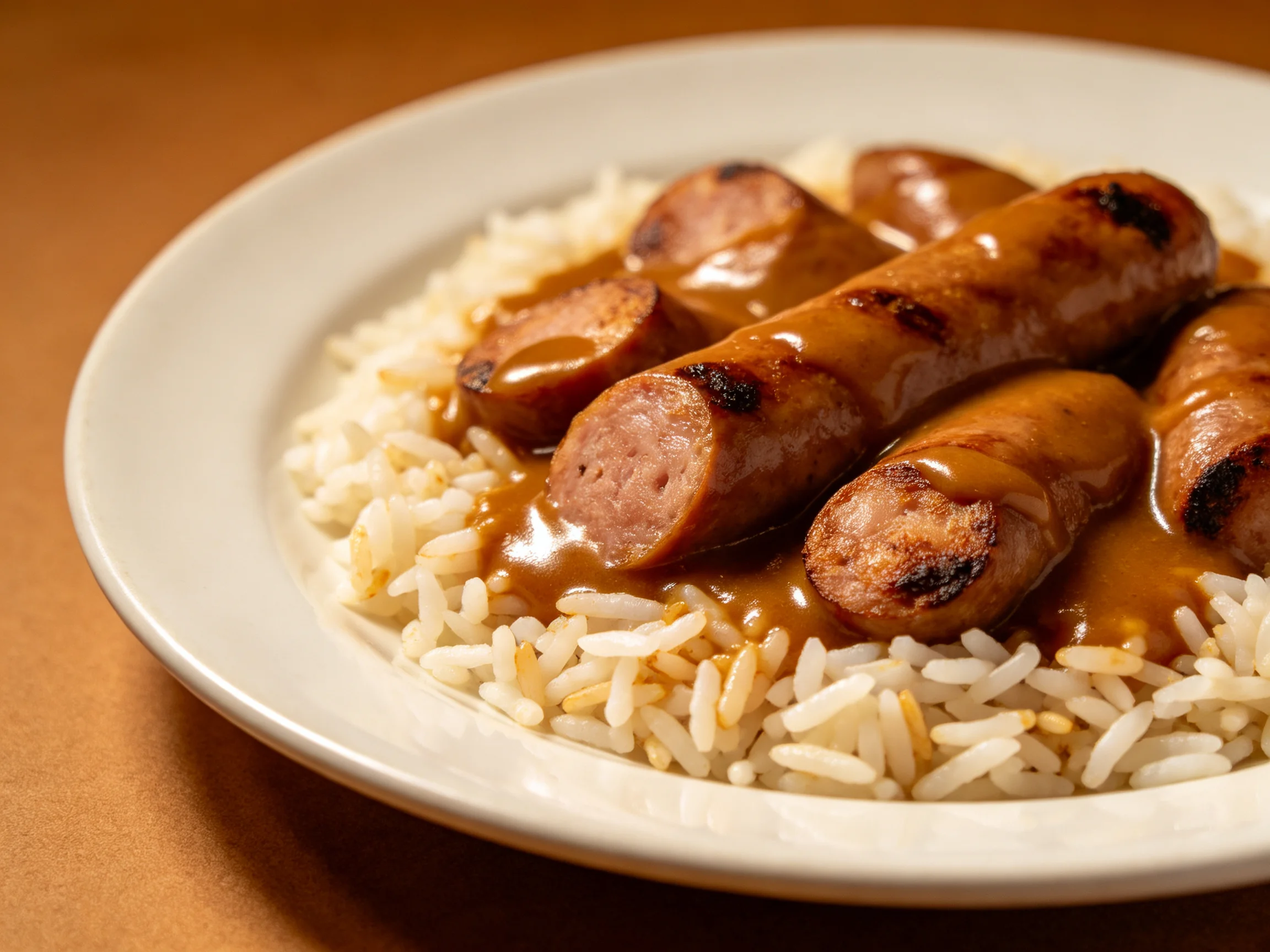 Grilled sausages with brown gravy over white rice on a round plate