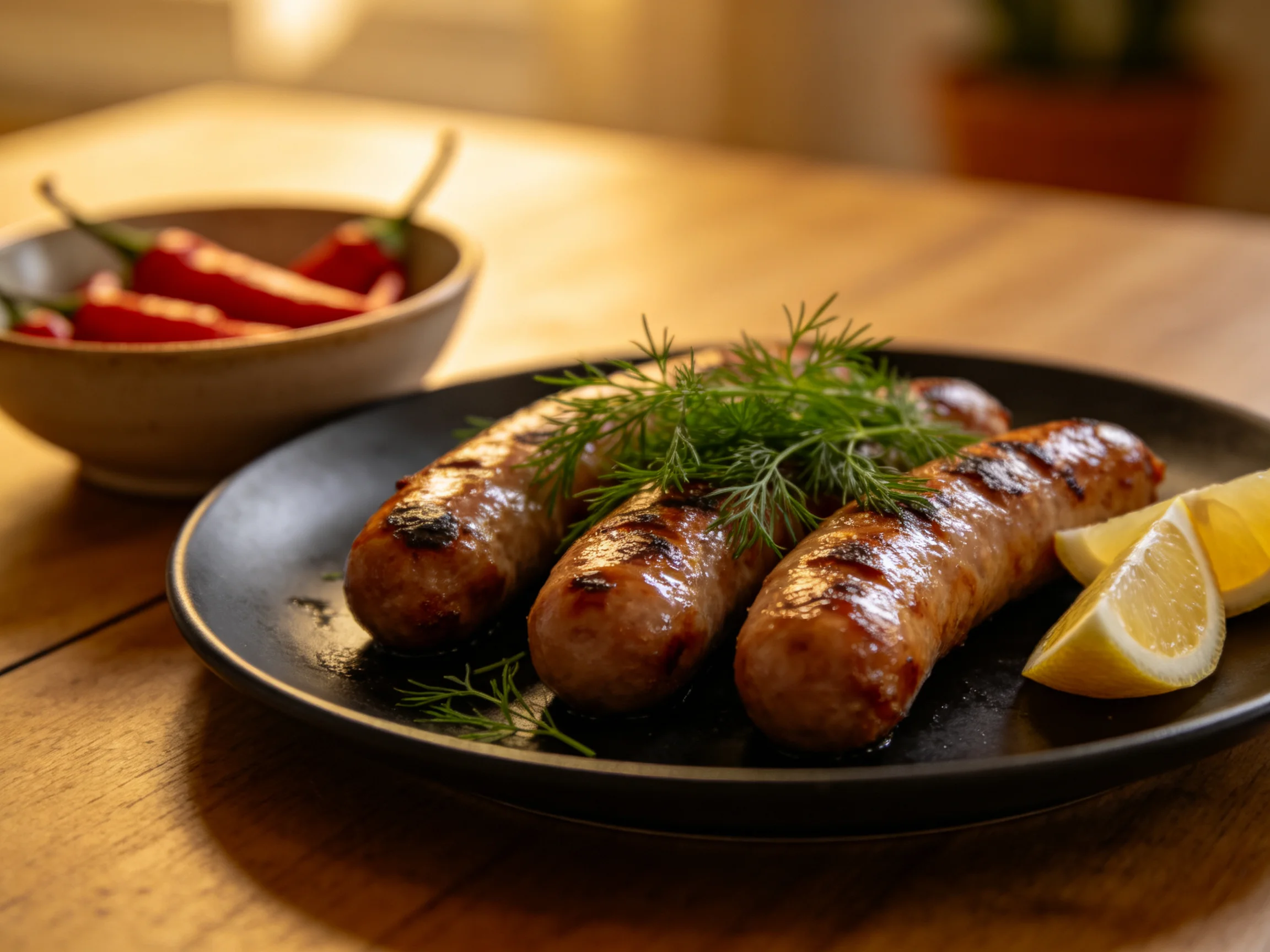 Grilled sausages with dill, lemon wedges, and red chili peppers on a dark plate