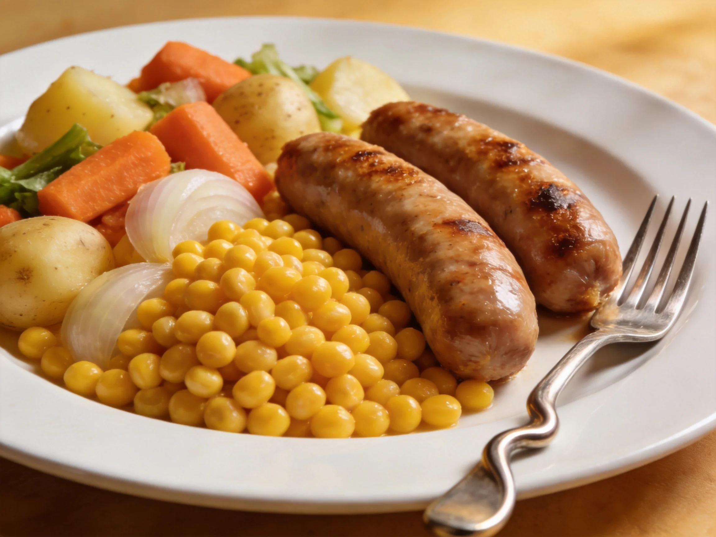 Grilled sausages with mixed vegetables and corn on a white plate