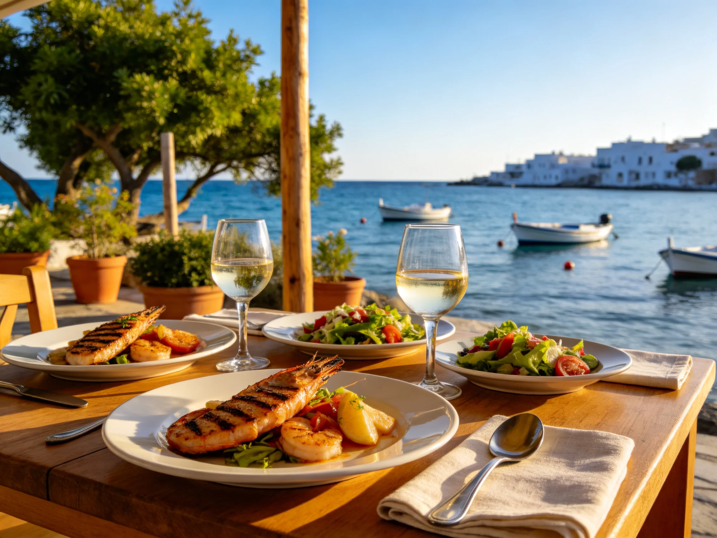 Grilled seafood and salads served at a seaside restaurant with wine by the water