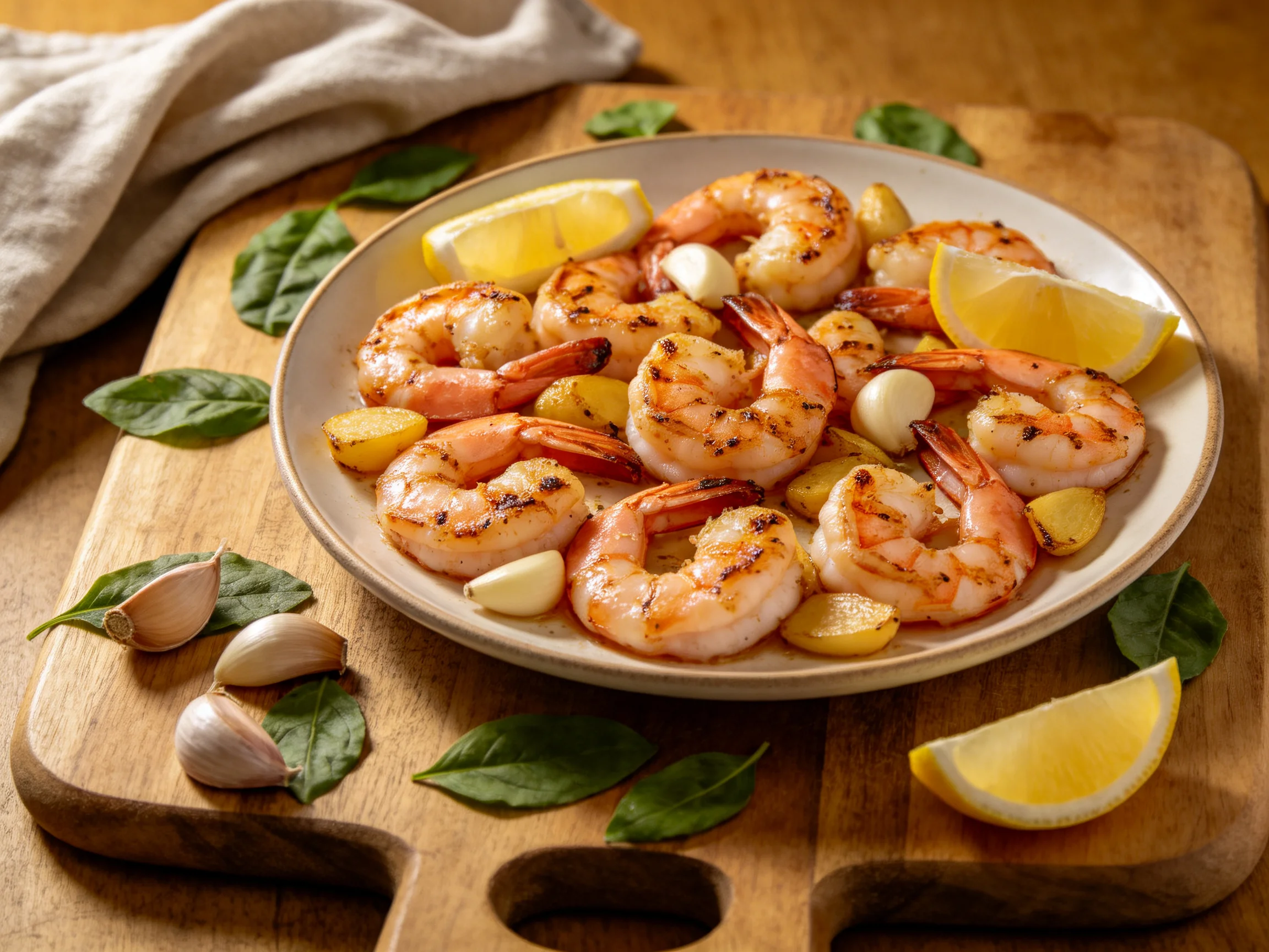 Grilled shrimp dish with lemon, garlic, and herbs on a wooden board