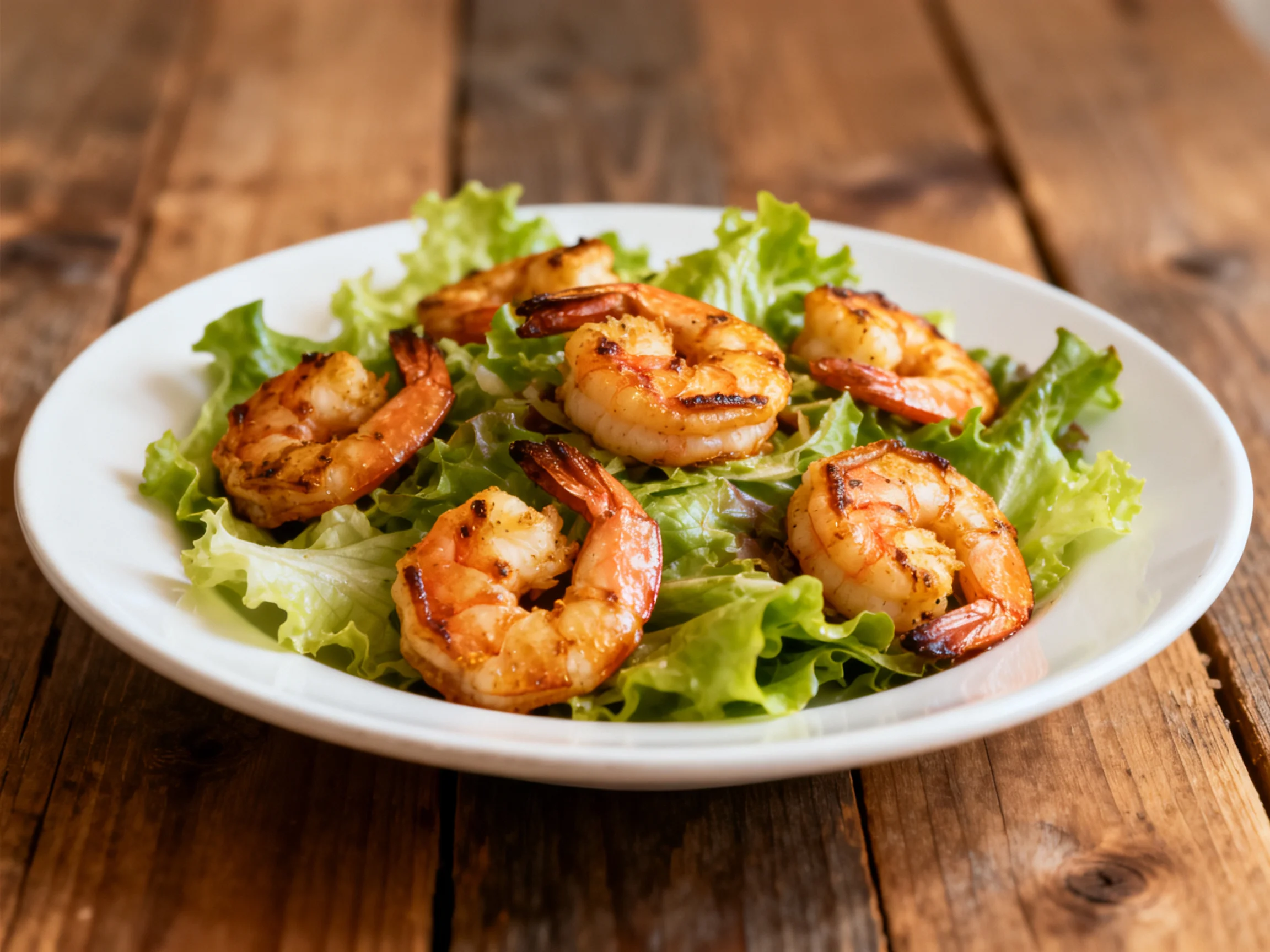 Grilled shrimp rest atop fresh lettuce in a white dish.