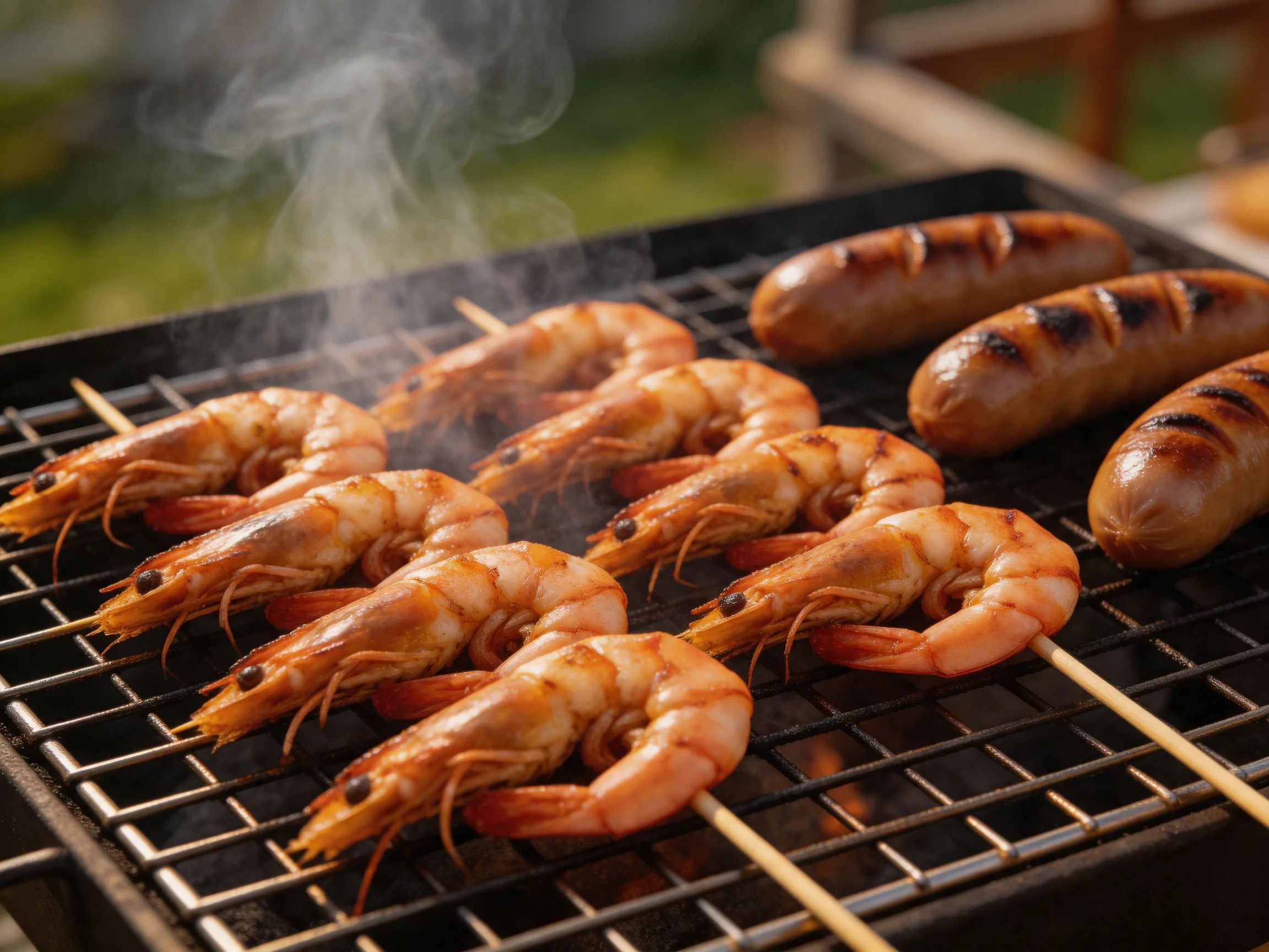 Grilled shrimp skewers and sausages cook over a hot grill
