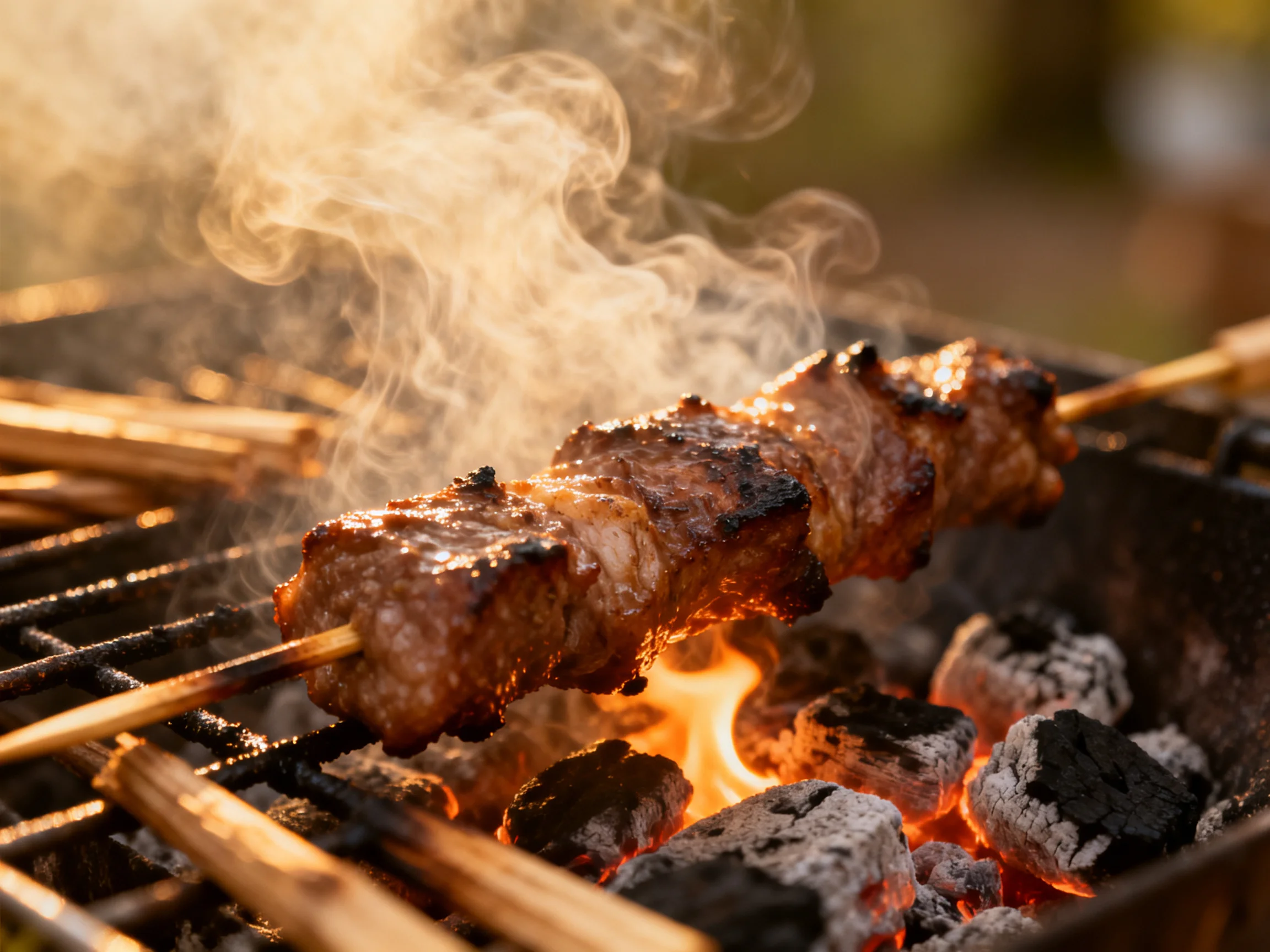 Grilled skewer of marinated meat over glowing charcoal embers