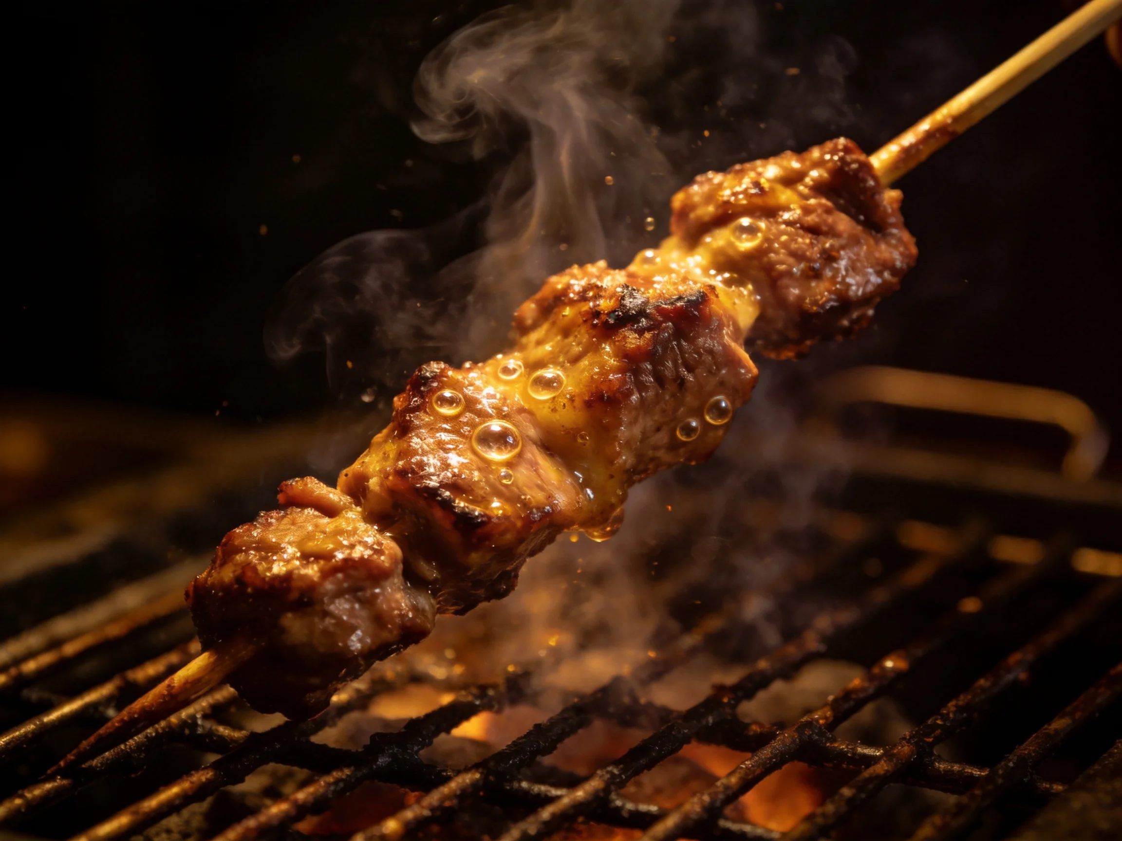 Grilled skewer of marinated meat sizzles over smoky grill