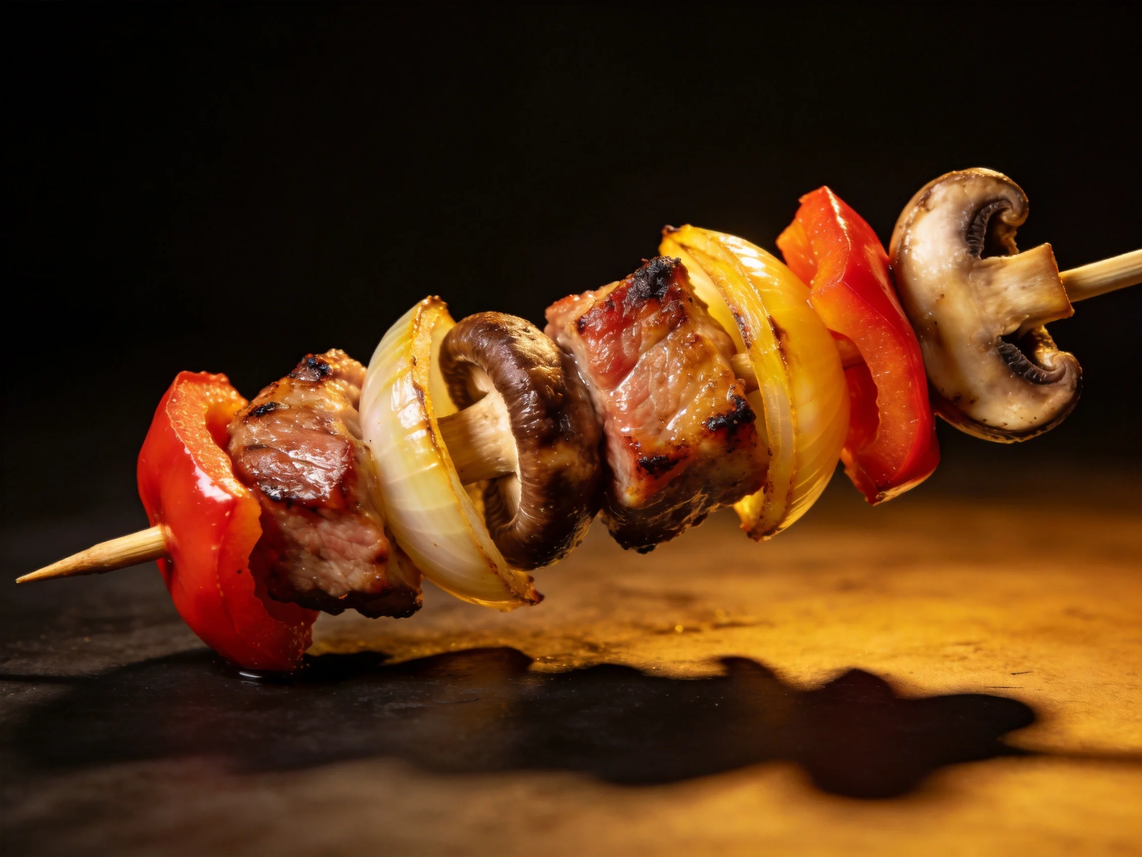 Grilled skewer with red peppers, onions, mushrooms, and meat