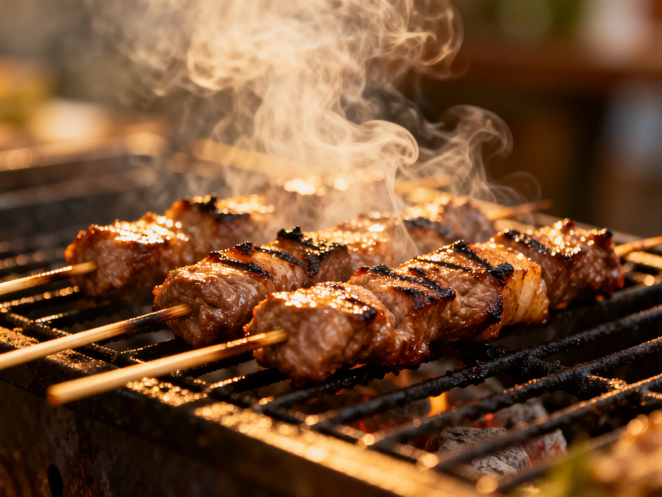 Grilled skewers of marinated beef sizzle over a smoky charcoal grill