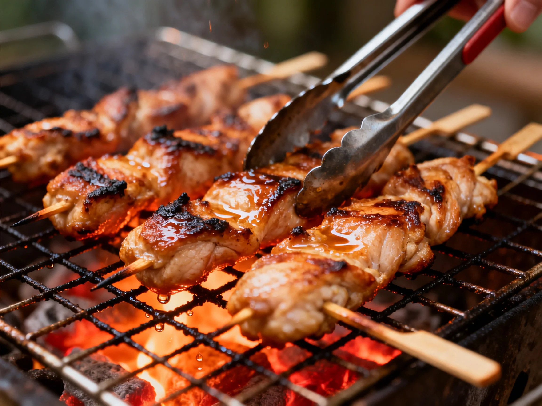 Grilled skewers of marinated meat over glowing embers
