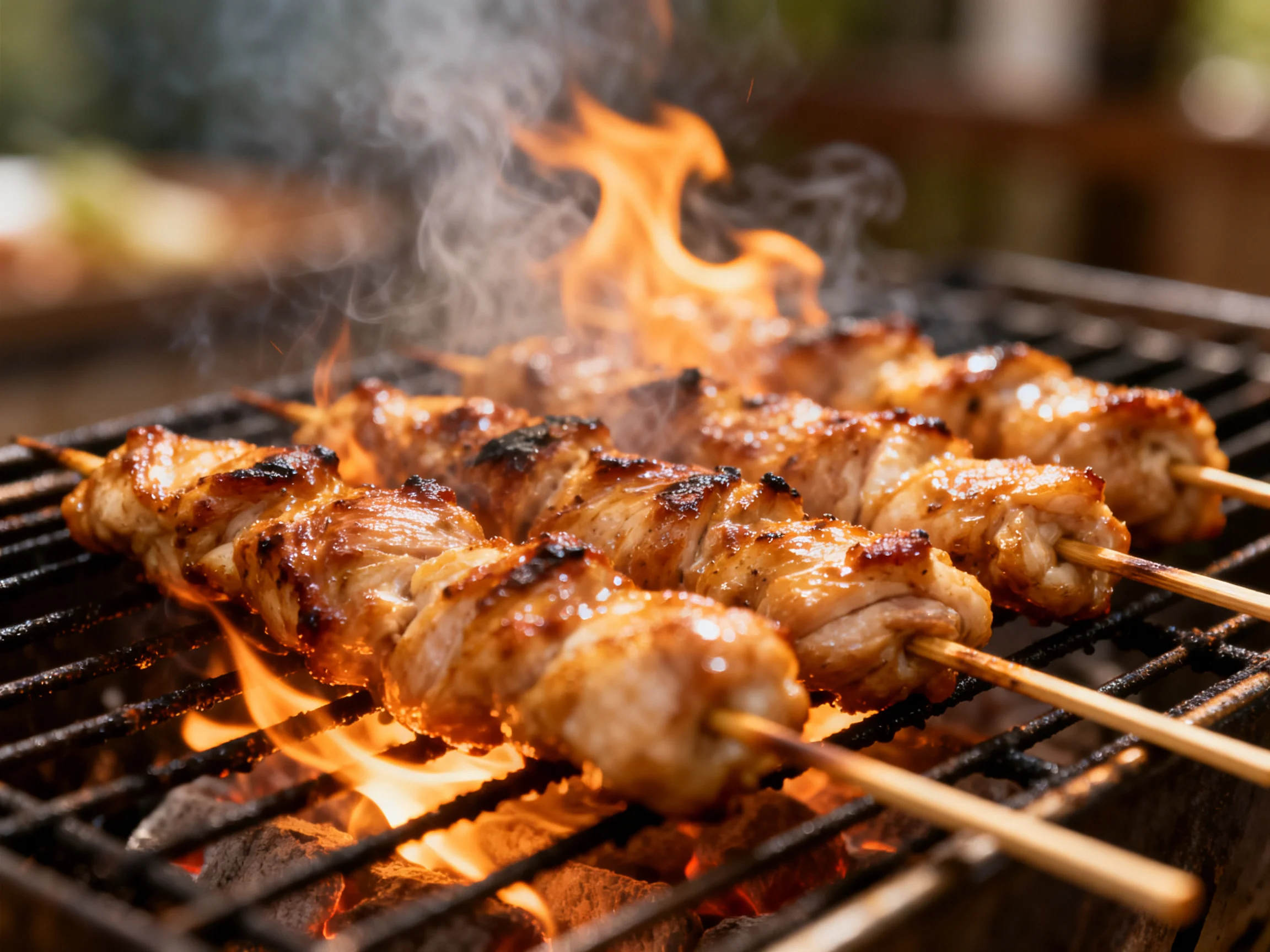 Grilled skewers of marinated meat sizzling over bright flames