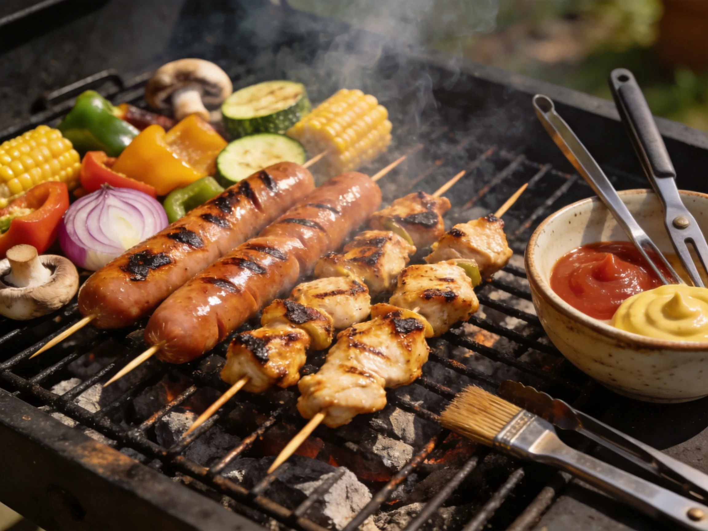 Grilled skewers, sausages, and colorful vegetables sizzle over charcoal