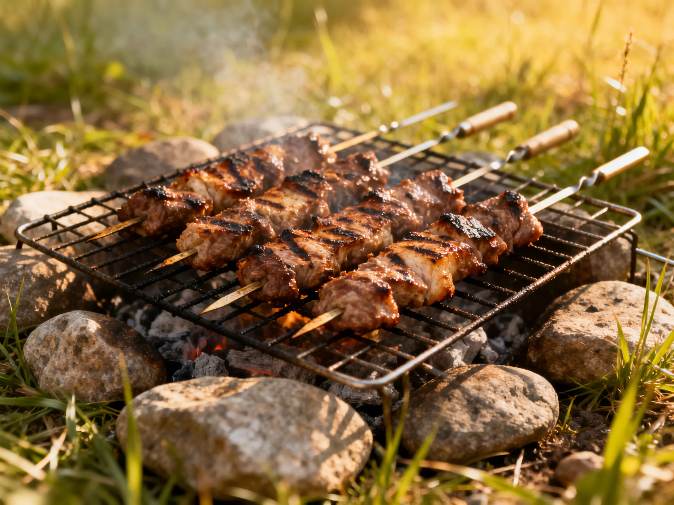Grilled skewers sizzle over charcoal in a natural outdoor setup